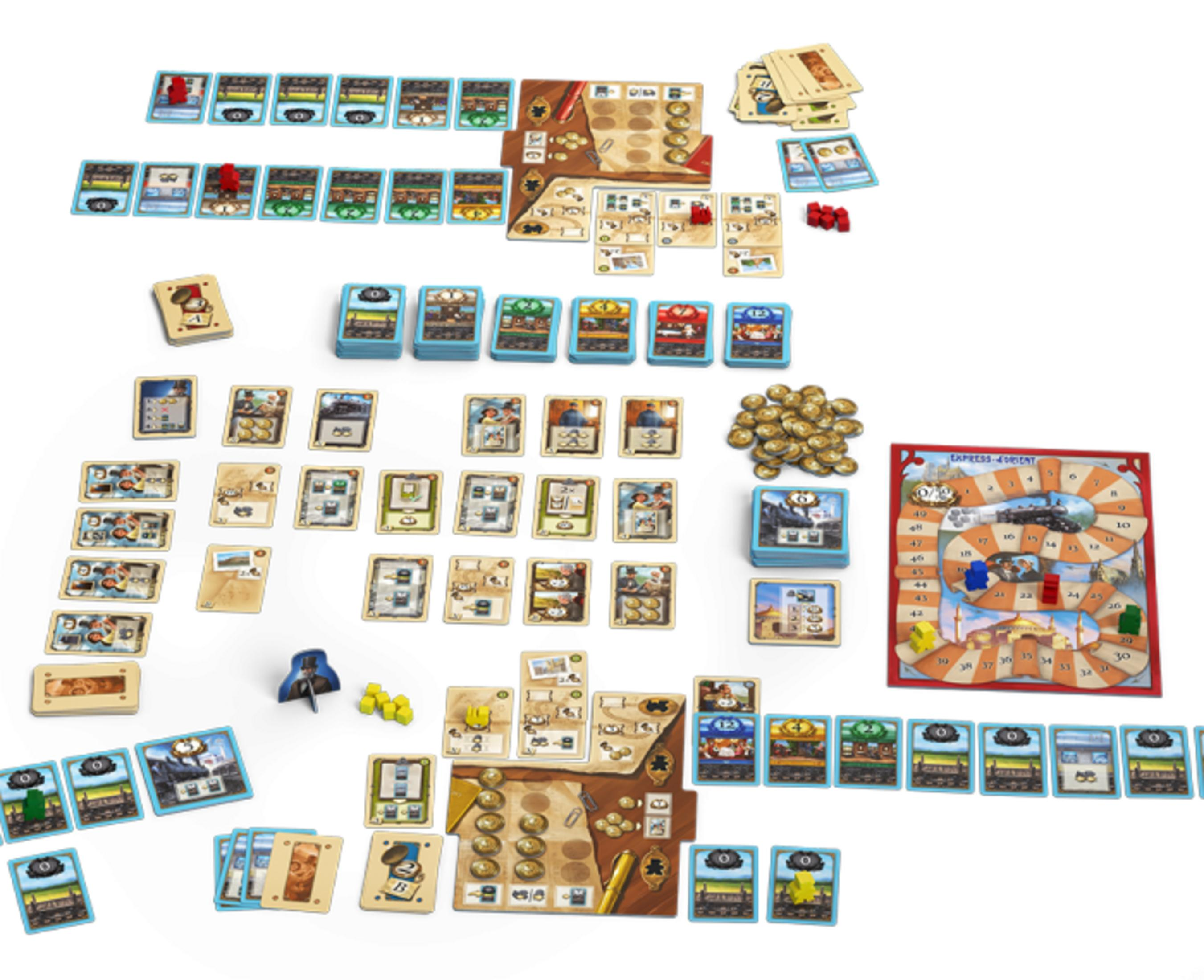 Brettspielteile wie Karten, Münzen und ein Spielbrett mit Zugstrecke.