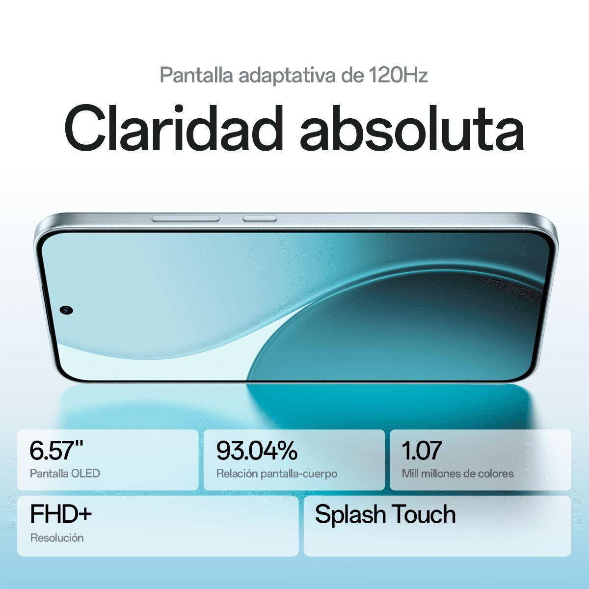 Smartphone con pantalla adaptable de 120Hz. OLED de 6,57", resolución FHD+, 93,04% pantalla-cuerpo.