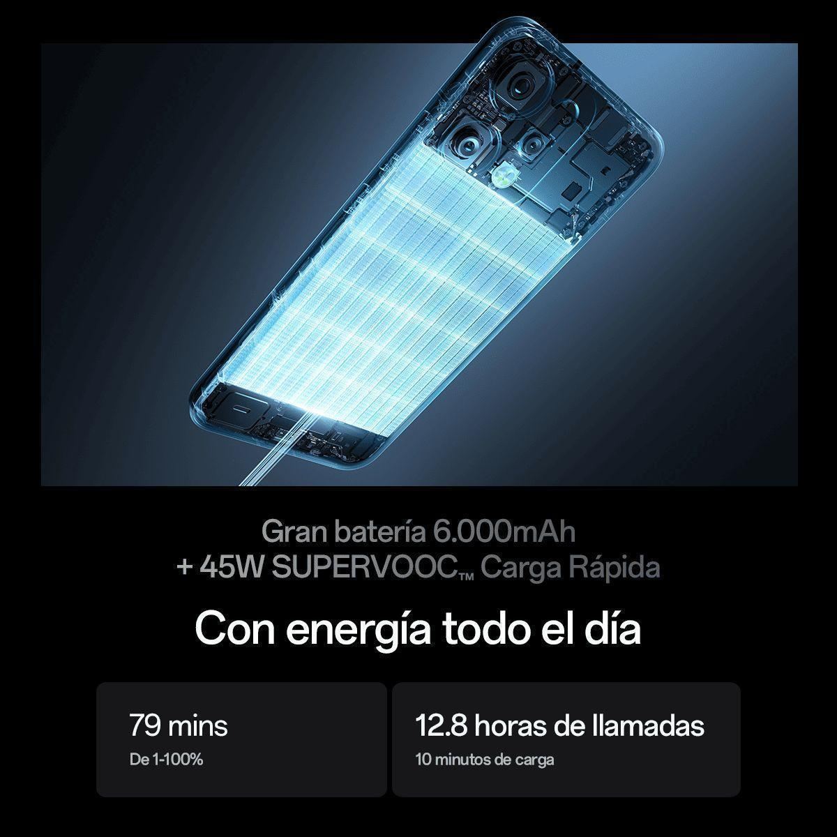 Un smartphone con batería azul brillante e información de carga.