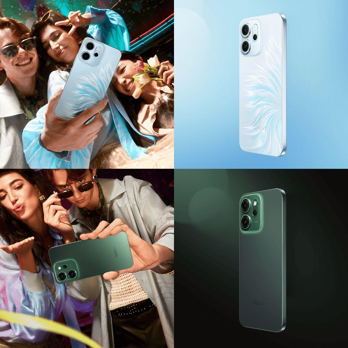 Tres personas se toman una selfie con un teléfono azul claro. Un teléfono en blanco y uno en verde.