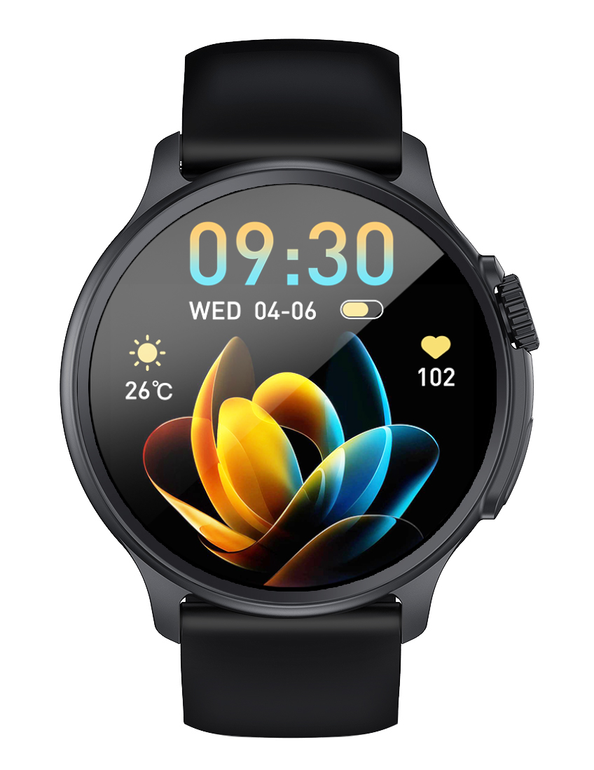 Czarny smartwatch z kolorową tarczą kwiatową pokazuje 09:30.