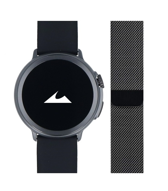 Szary smartwatch z czarną bransoletą i osobną srebrną bransoletą z siateczki.