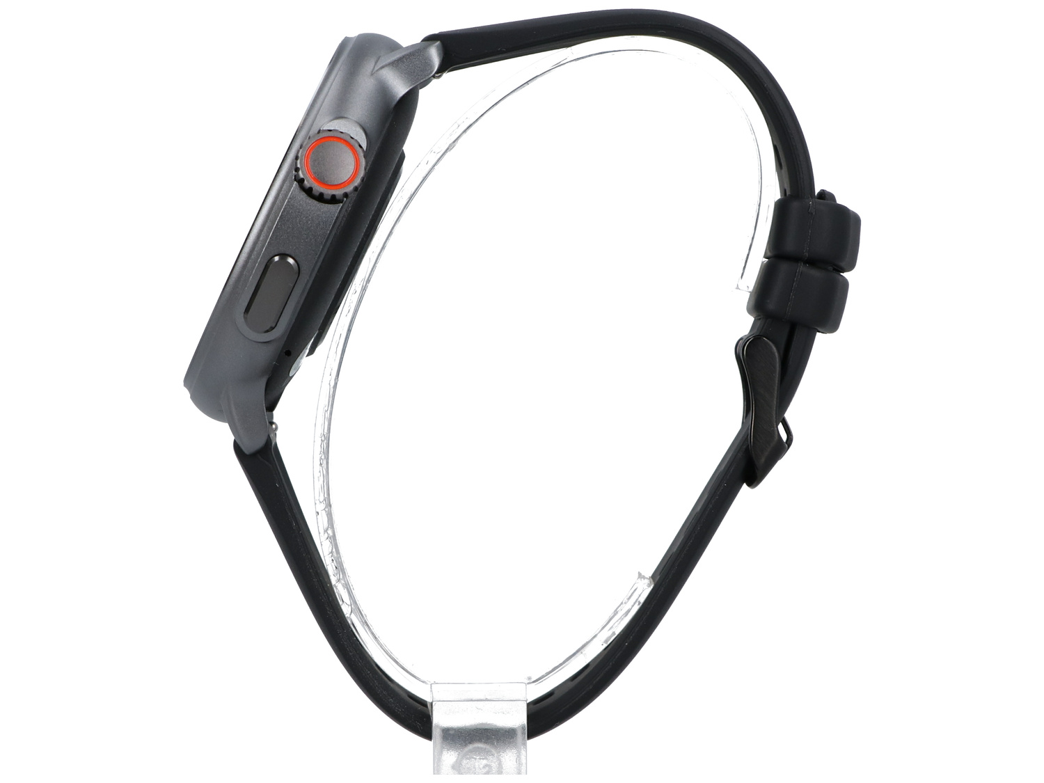 Szary smartwatch z czarnym paskiem, widok z boku na stojaku.