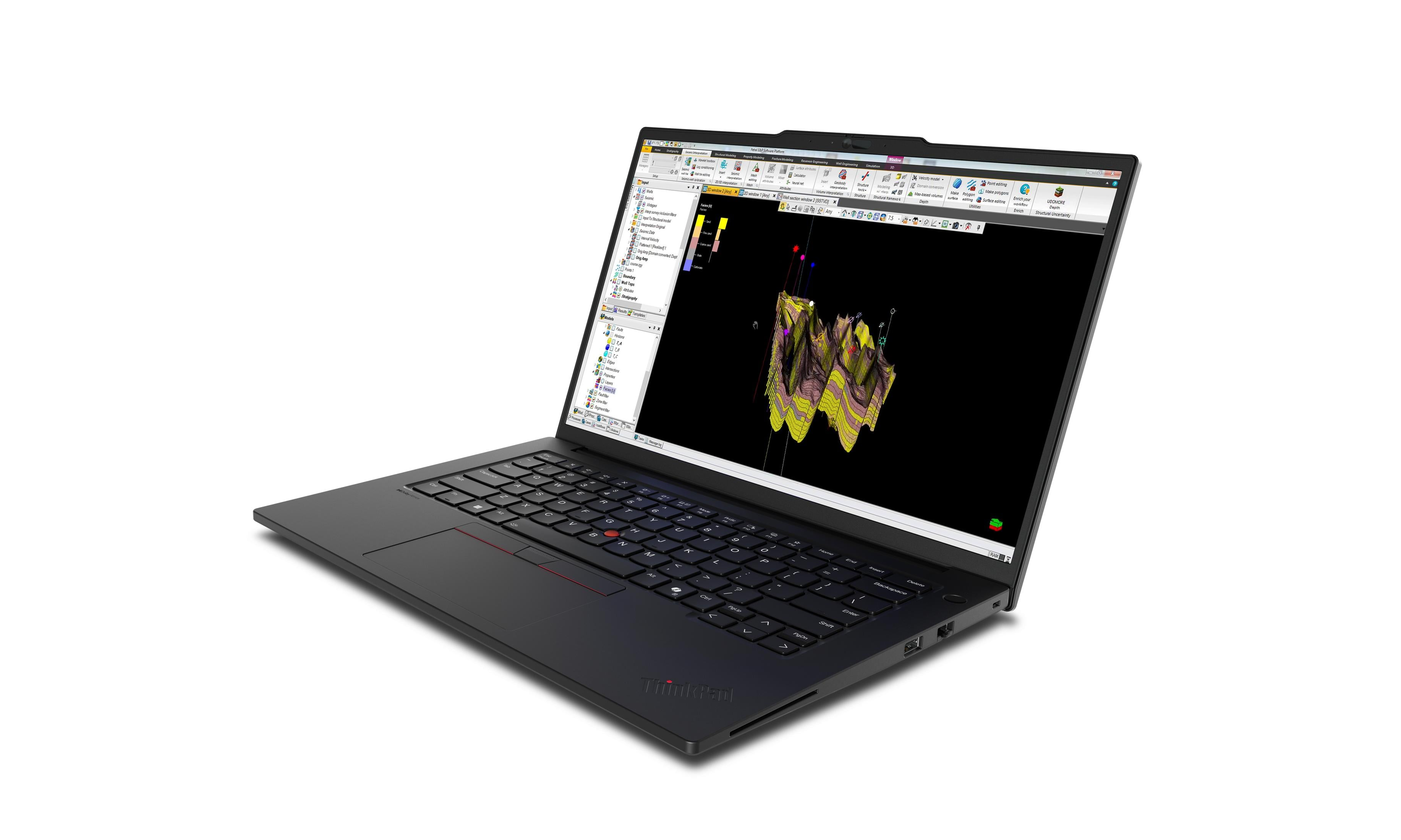 Ein schwarzer Laptop zeigt eine 3D-Visualisierung geologischer Daten auf dem Bildschirm.