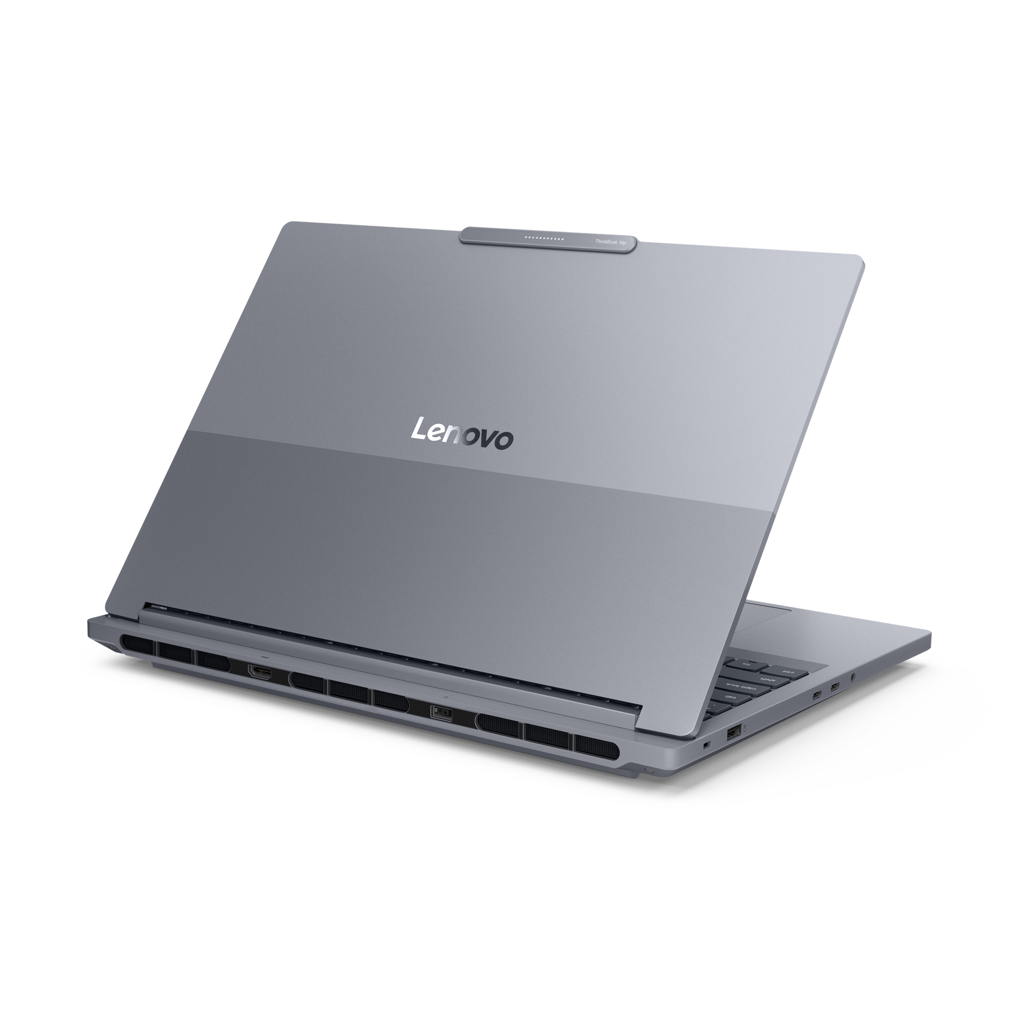 Ein silberner Lenovo ThinkBook 16p Laptop ist geöffnet und zeigt Tastatur und Anschlüsse an der Seite.