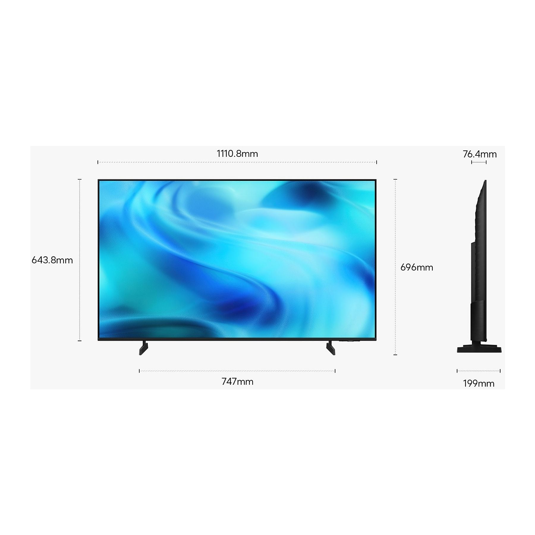 Una TV moderna a schermo piatto con immagine astratta blu, dimensioni mostrate.