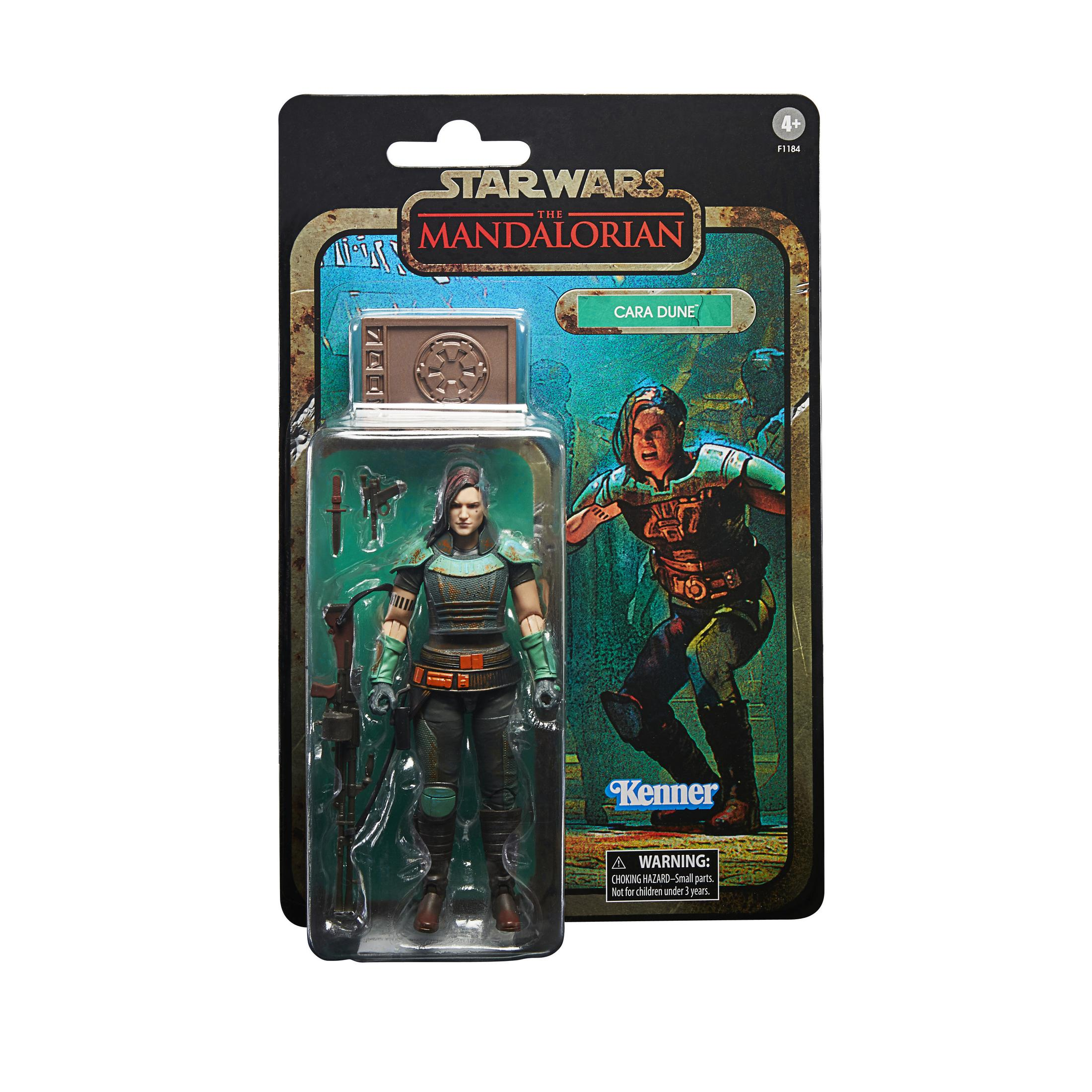 Star Wars The Mandalorian Cara Dune Actionfigur in Verpackung mit Zubehör.