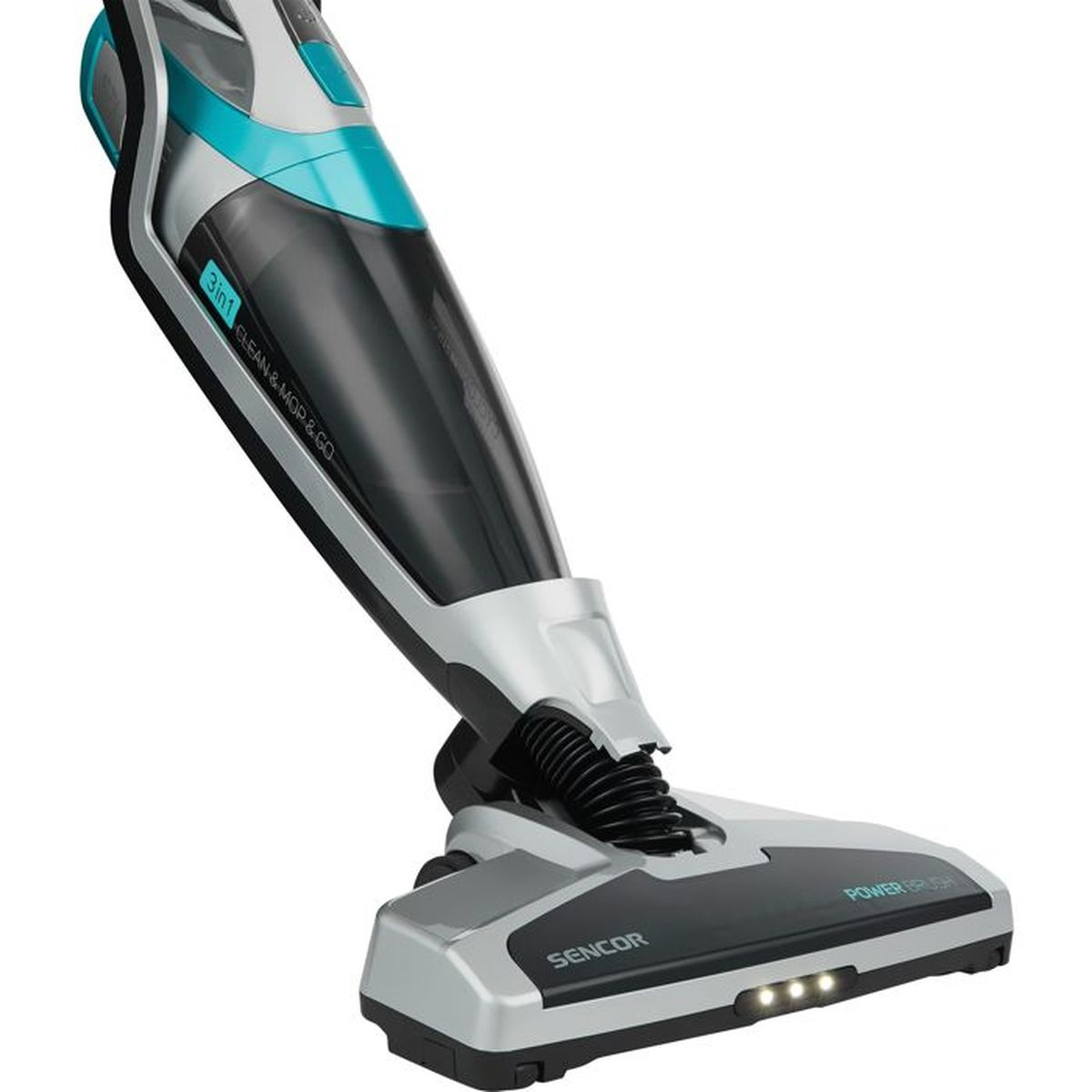 Un aspirapolvere lavapavimenti Sencor grigio, nero e turchese con scritta "3in1 CLEAN & MOP & GO".