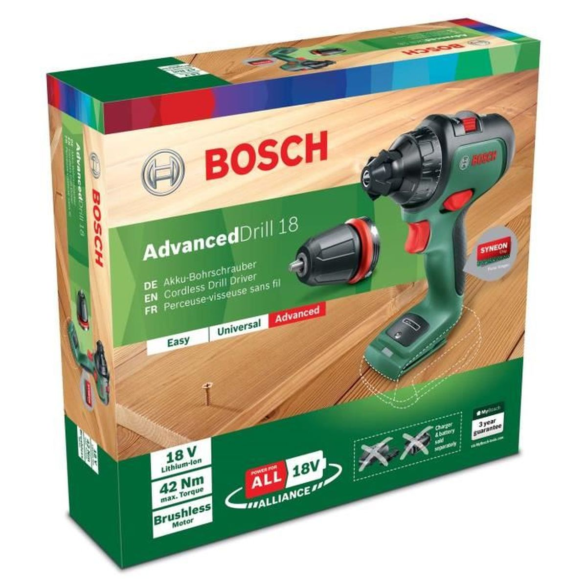 Bosch AdvancedDrill 18 Akkuschrauber auf Holzoberfläche mit Schraube.