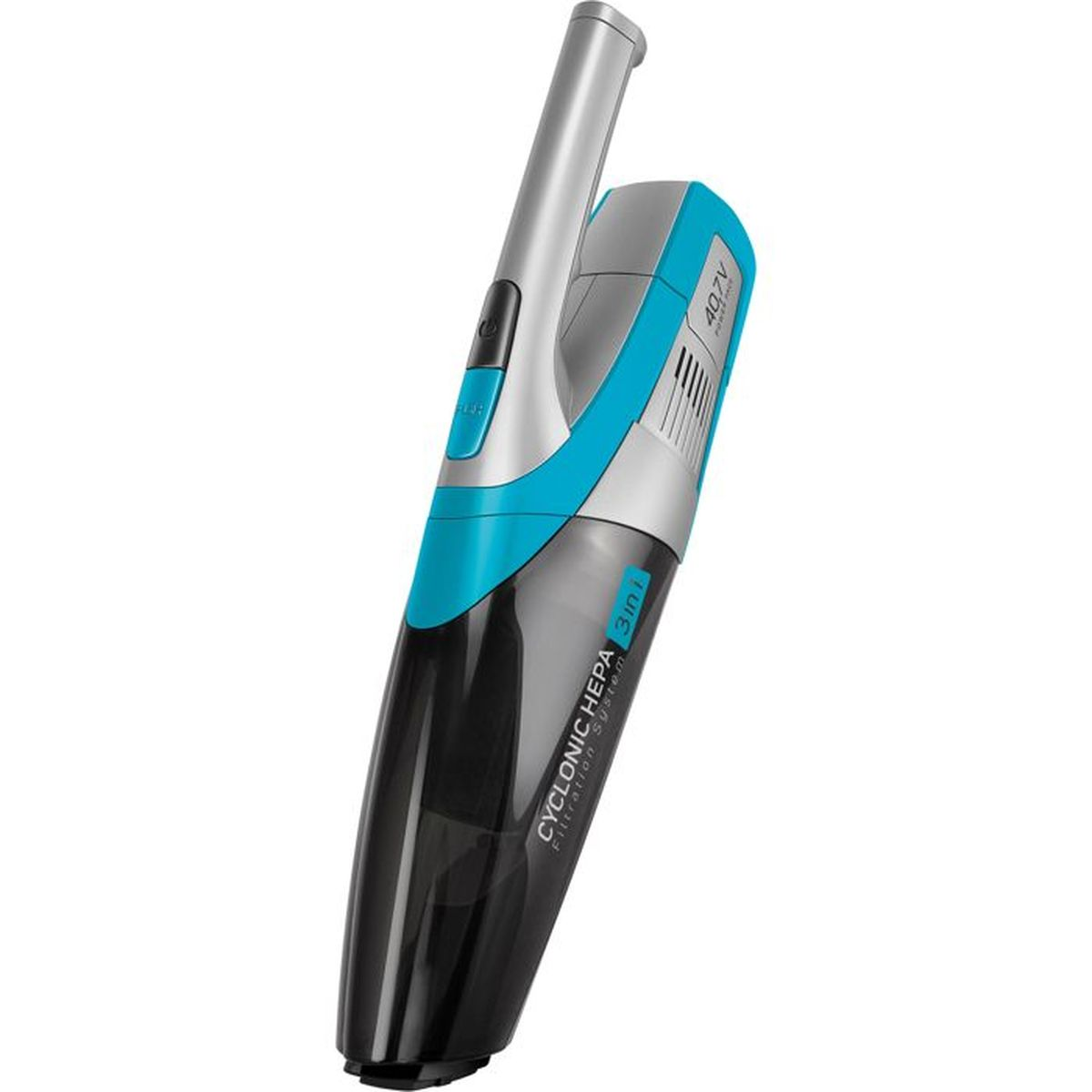 Un aspirapolvere portatile senza fili grigio, blu e nero, 40,7V.