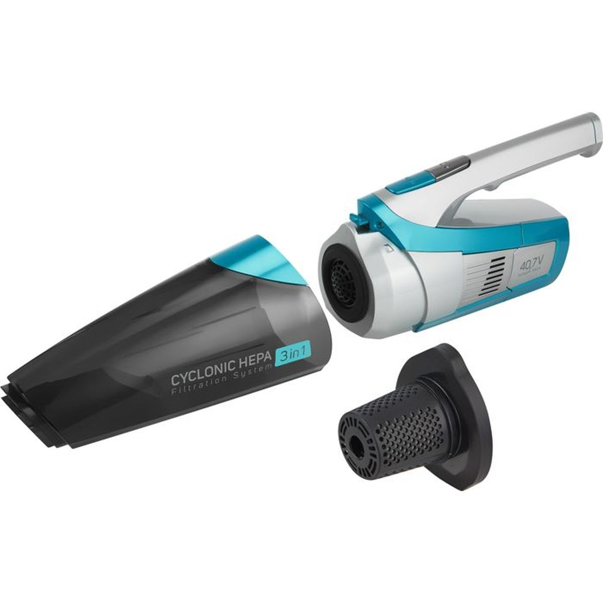 Un aspirapolvere portatile senza fili blu e bianco, smontato in contenitore polvere, unità motore e filtro.
