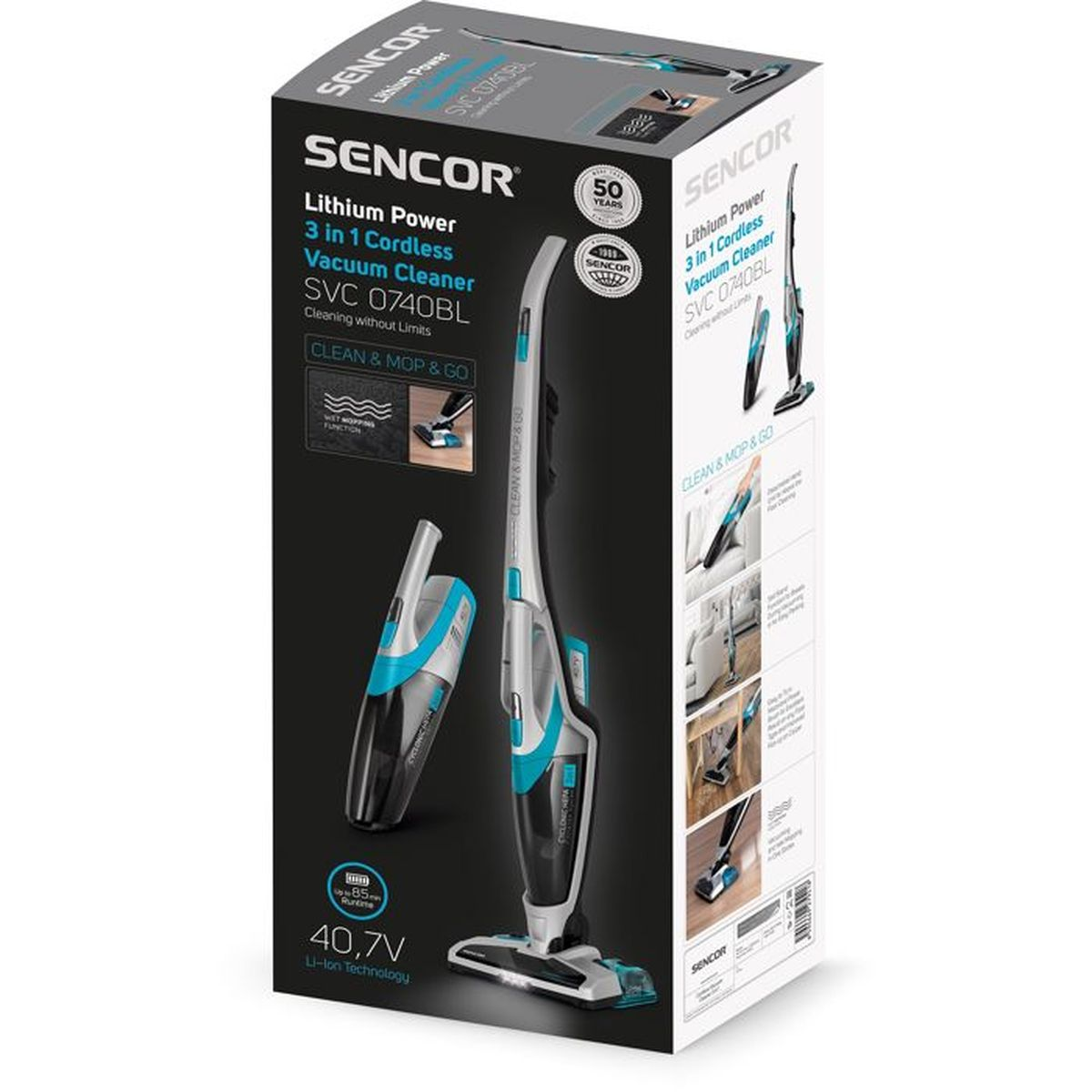 Un aspirapolvere senza fili SENCOR bianco e blu, modello SVC 0740BL, con funzione 3 in 1.