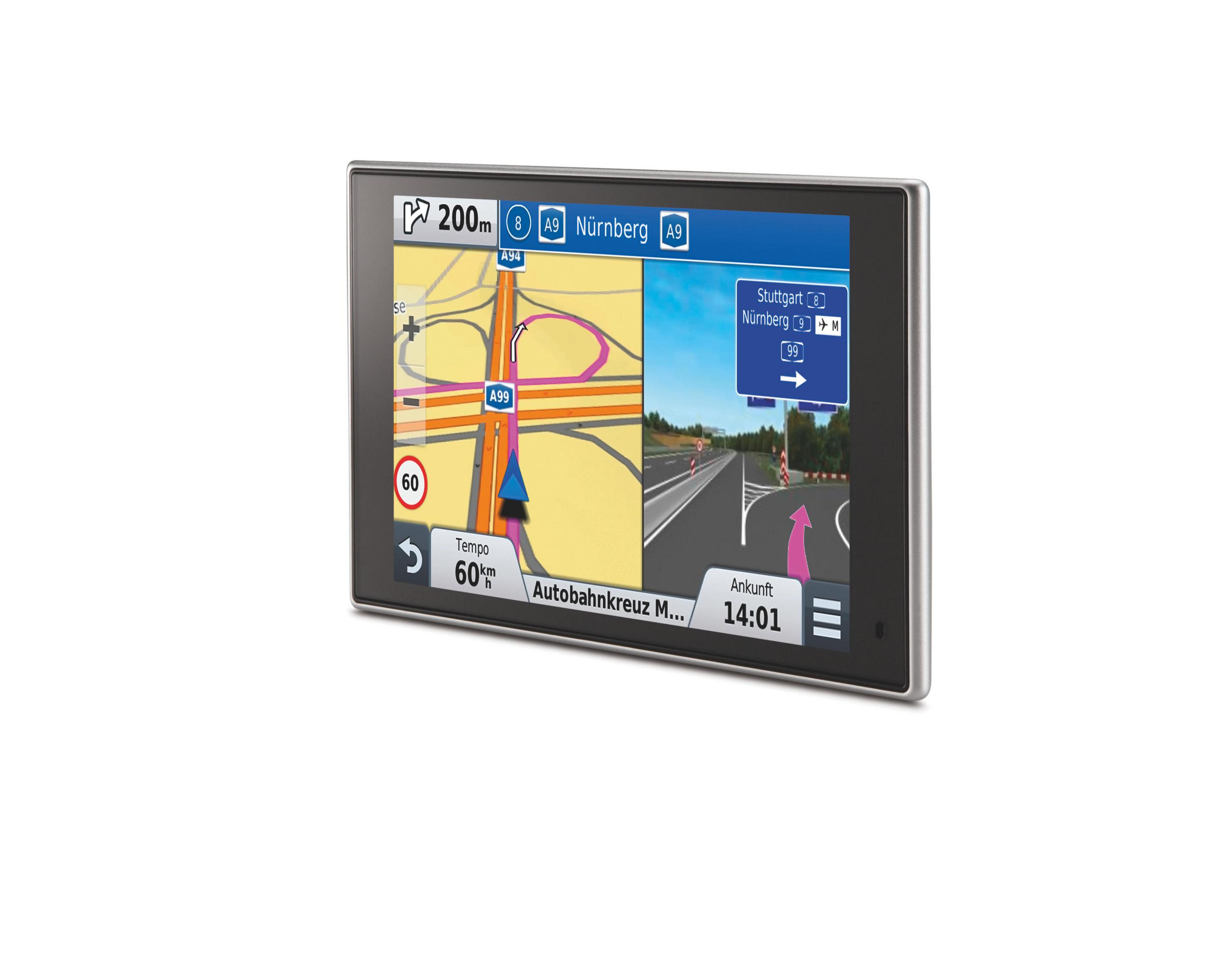 Navigationsgerät zeigt Karte mit Autobahn A9, Tempo 60, Ankunft 14:01.