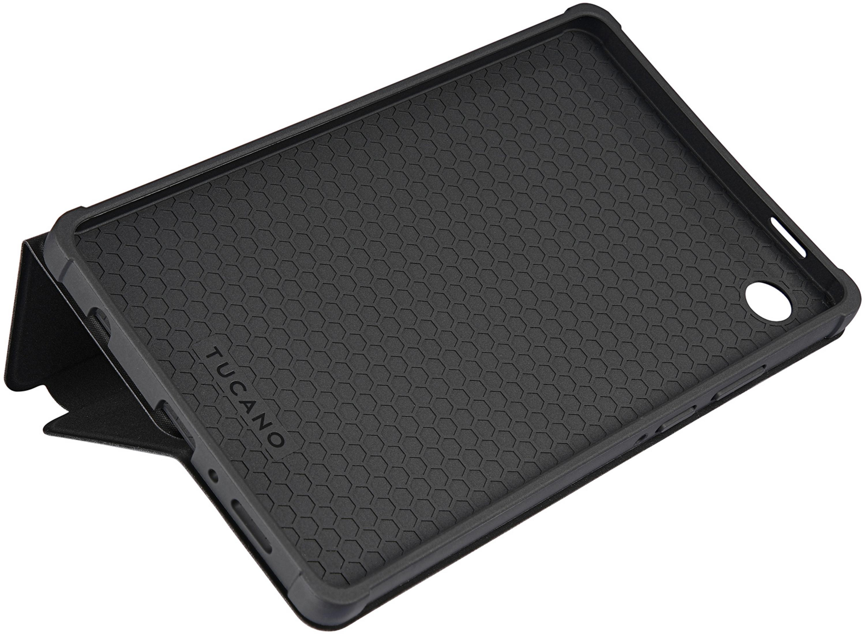 Funda negra para tableta con patrón de panal y soporte desplegado.