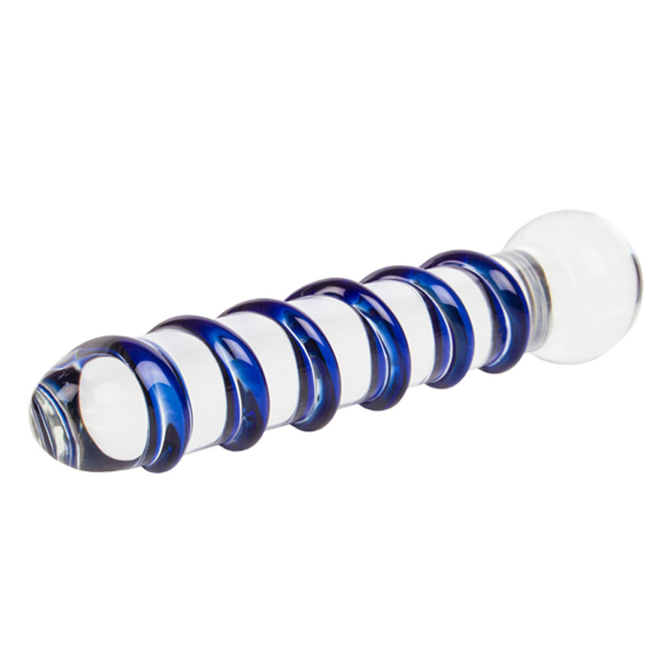 Ein spiralförmiges Glasobjekt mit blauen Akzenten und einem runden Ende.