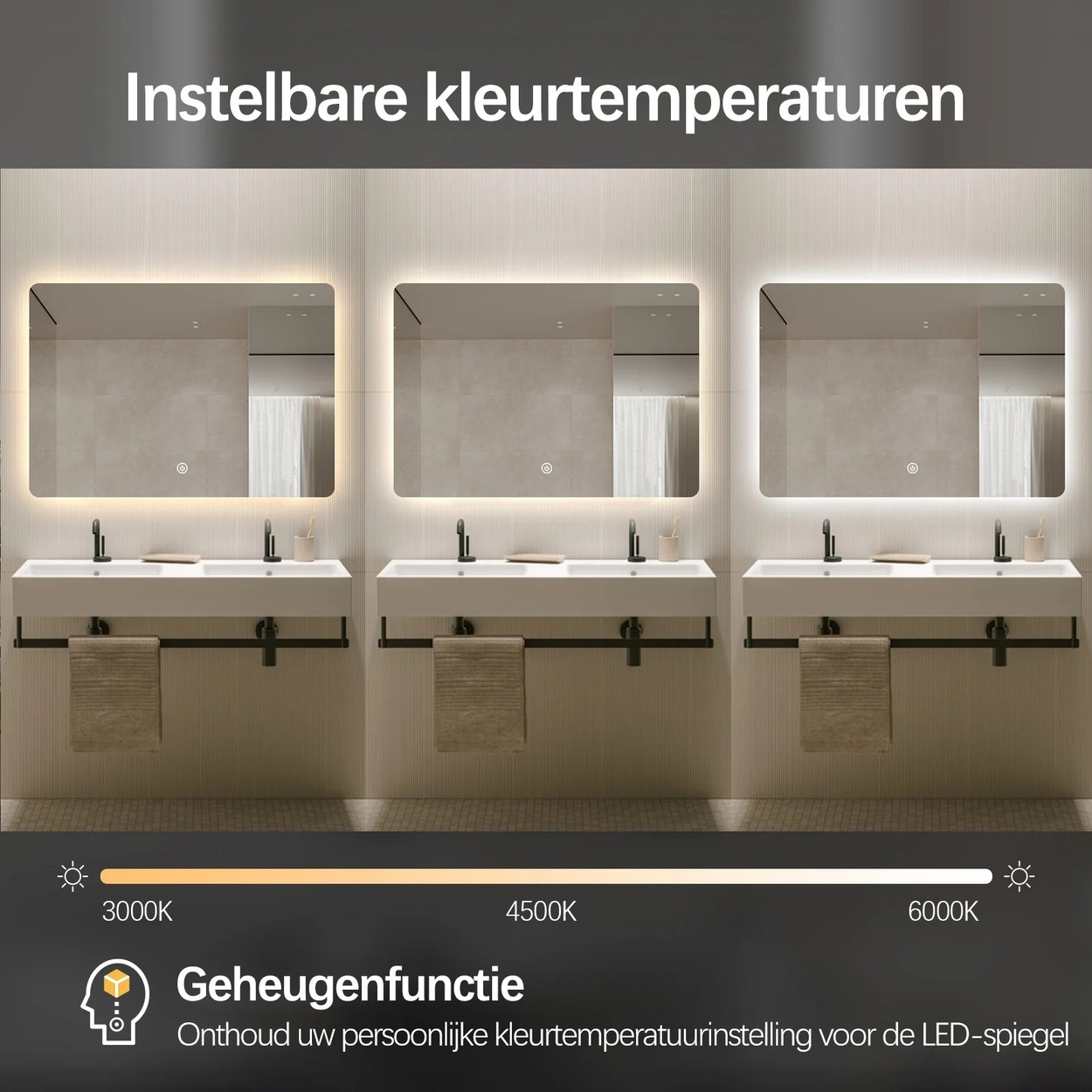 Drie spiegels met instelbare kleurtemperaturen van warm wit tot koel wit.