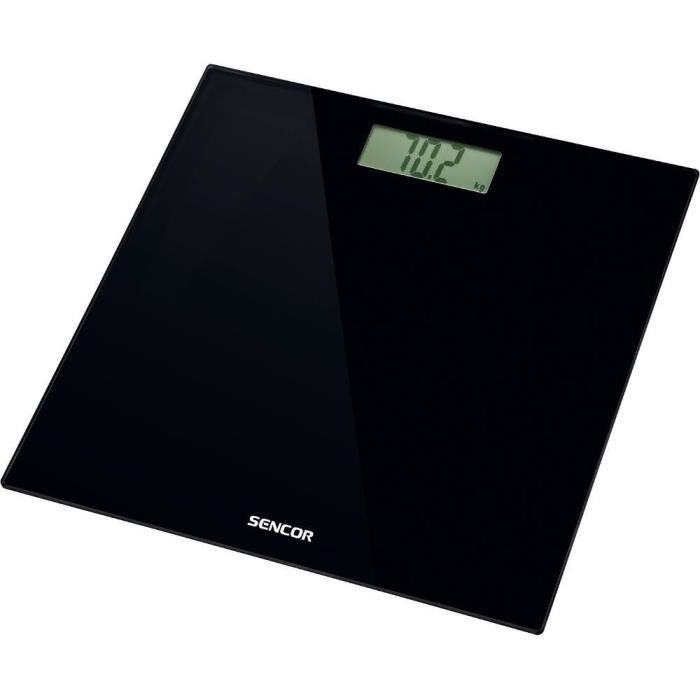 Schwarze Glaswaage mit digitaler Anzeige, die 70,2 kg anzeigt.