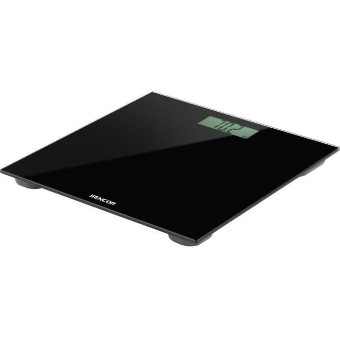 Schwarze digitale Personenwaage mit SENCOR-Logo und digitaler Anzeige.