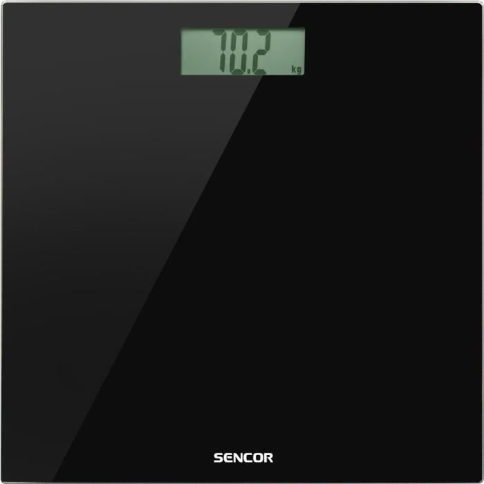 Eine schwarze digitale Waage zeigt 70,2 kg an. Das SENCOR-Logo ist sichtbar.