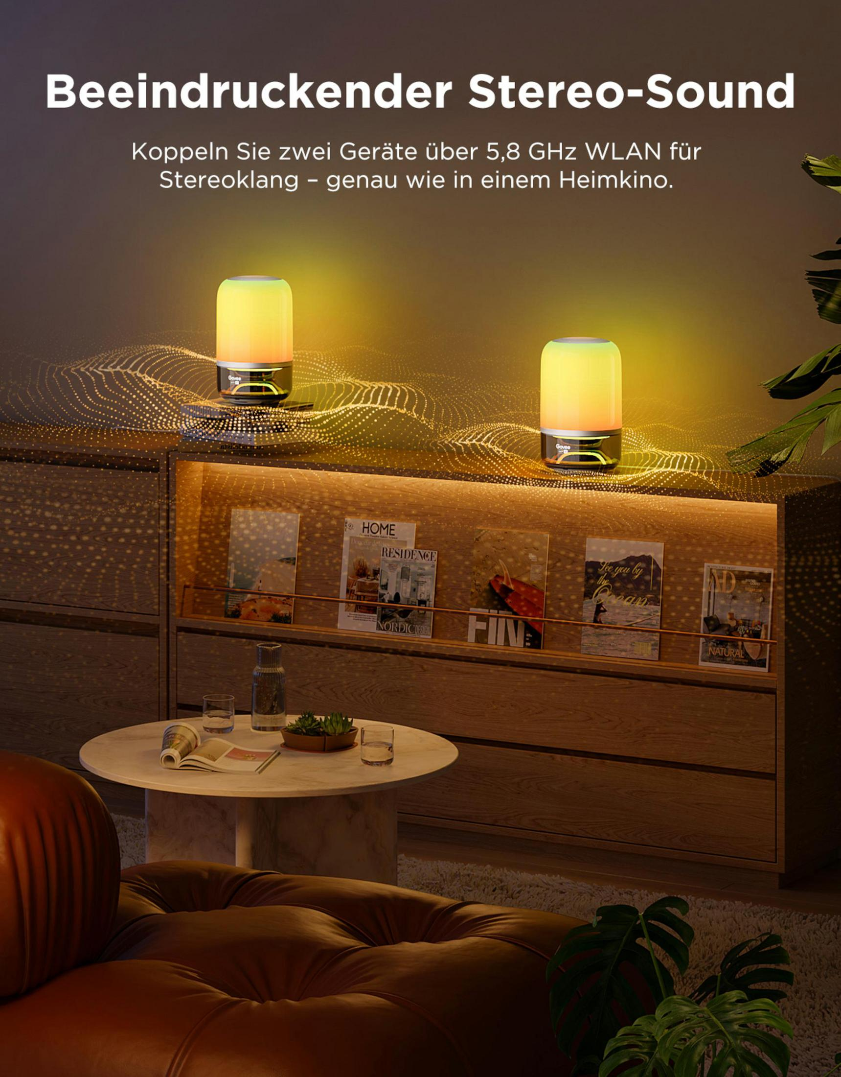 Two glowing cylinder speakers sit on a shelf above magazines.