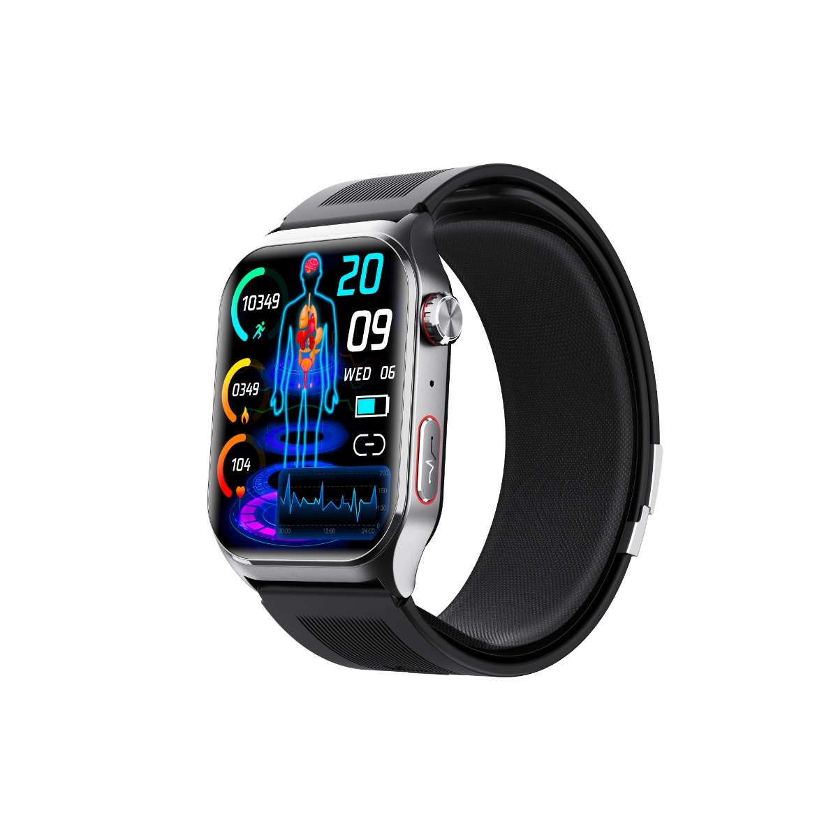 Nowoczesny smartwatch z czarną opaską, wyświetla dane zdrowotne, godzinę i datę.