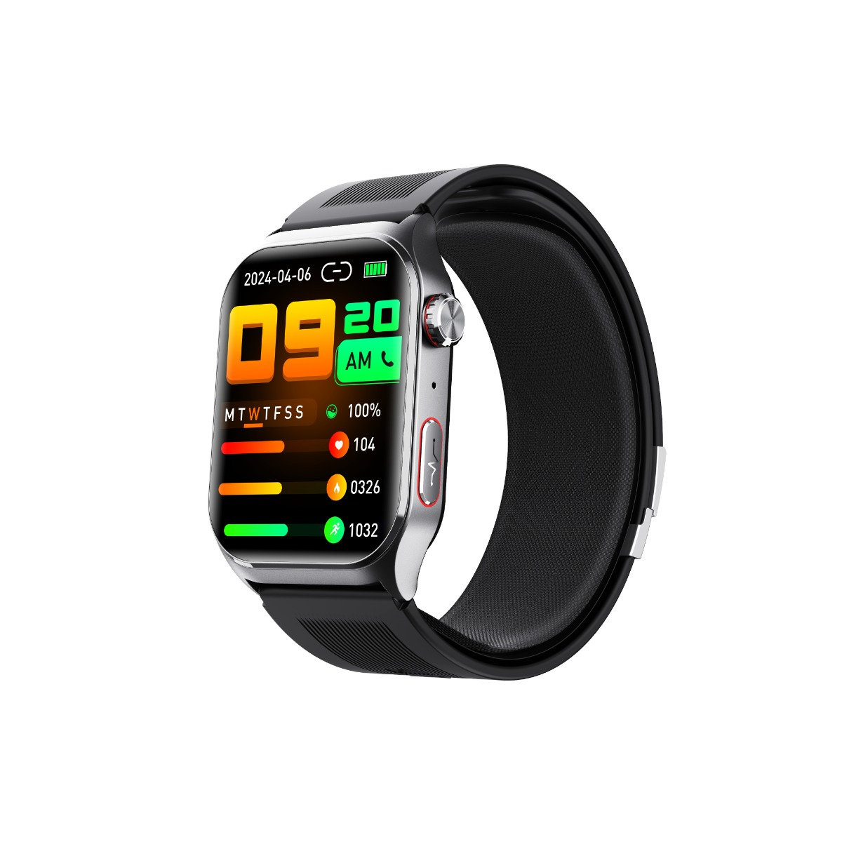 Zegarek smartwatch z czarnym paskiem wyświetla godzinę, datę, baterię, tętno i kroki.