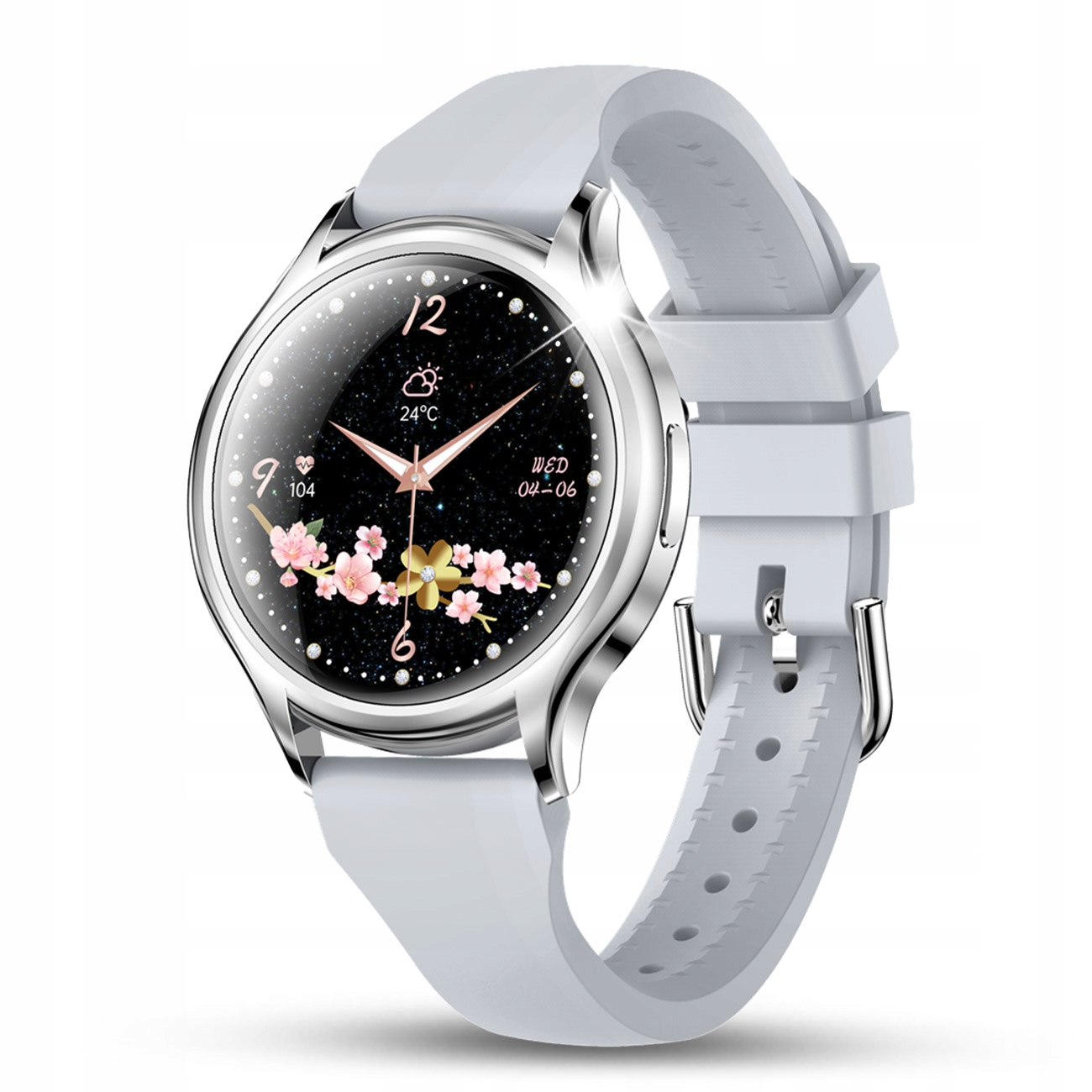 Biały smartwatch z czarną tarczą i kwiatowym wzorem.