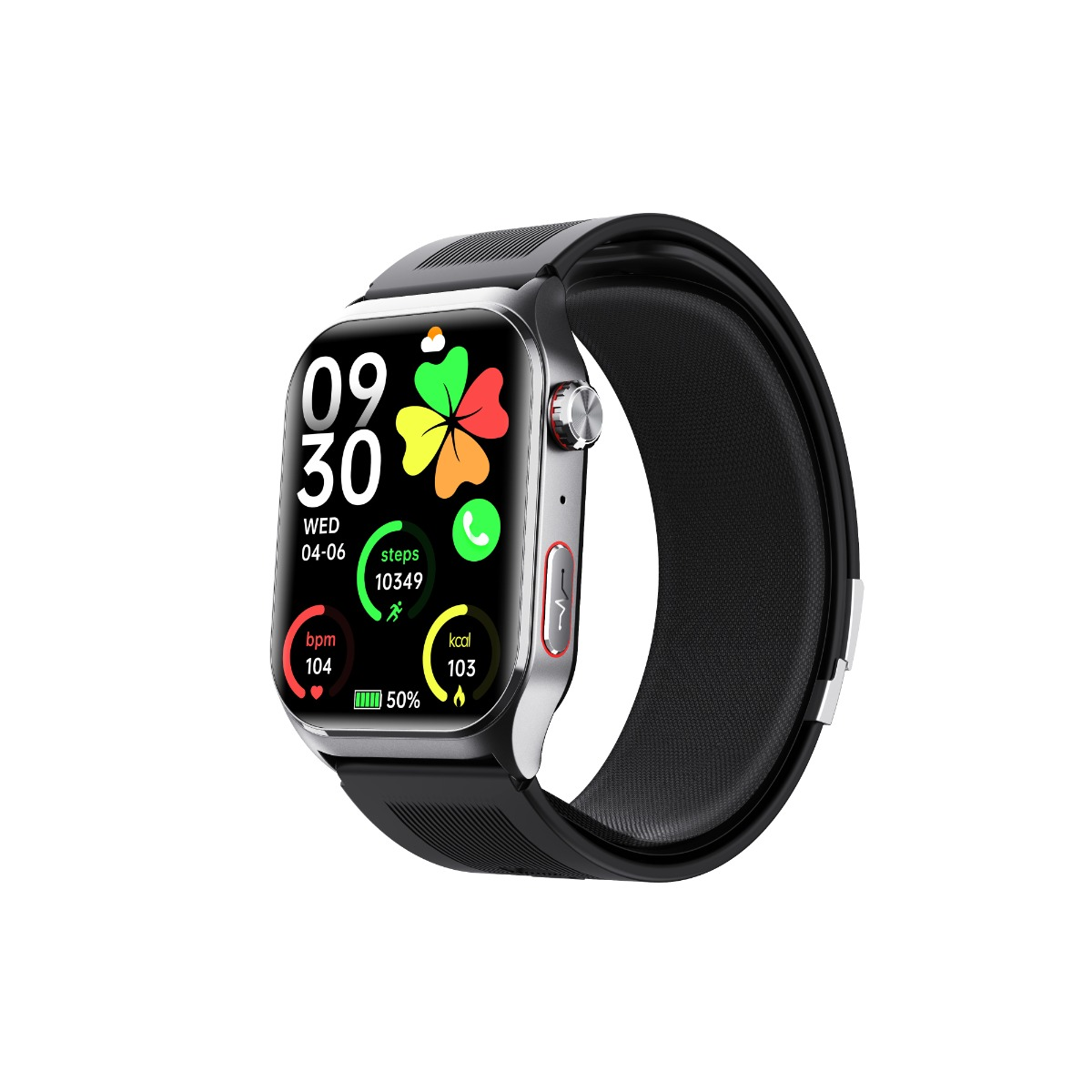 Srebrny smartwatch z czarnym paskiem, wyświetla godzinę, datę, kroki, tętno i kalorie.