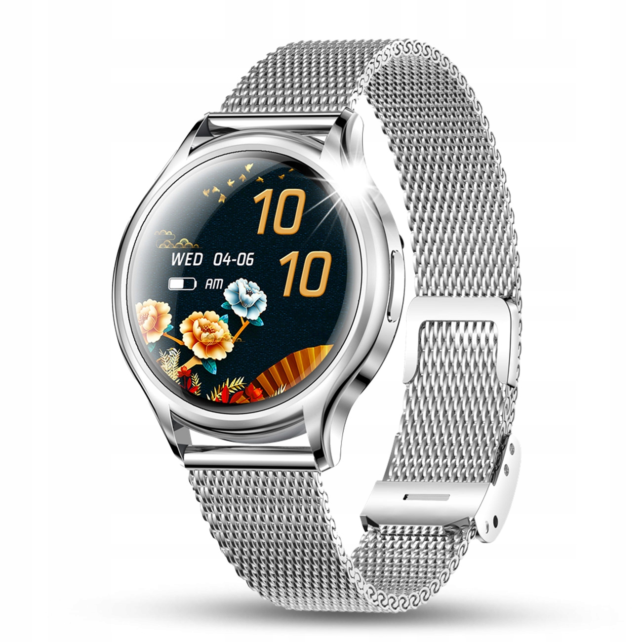 Srebrny smartwatch z siatkowym paskiem, kwiatowa tarcza pokazuje 10:10.