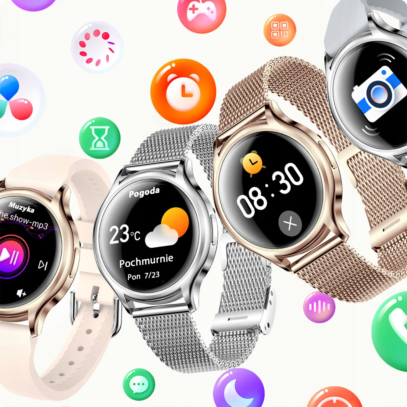 Kilka smartwatchów z kolorowymi ikonami aplikacji na białym tle.