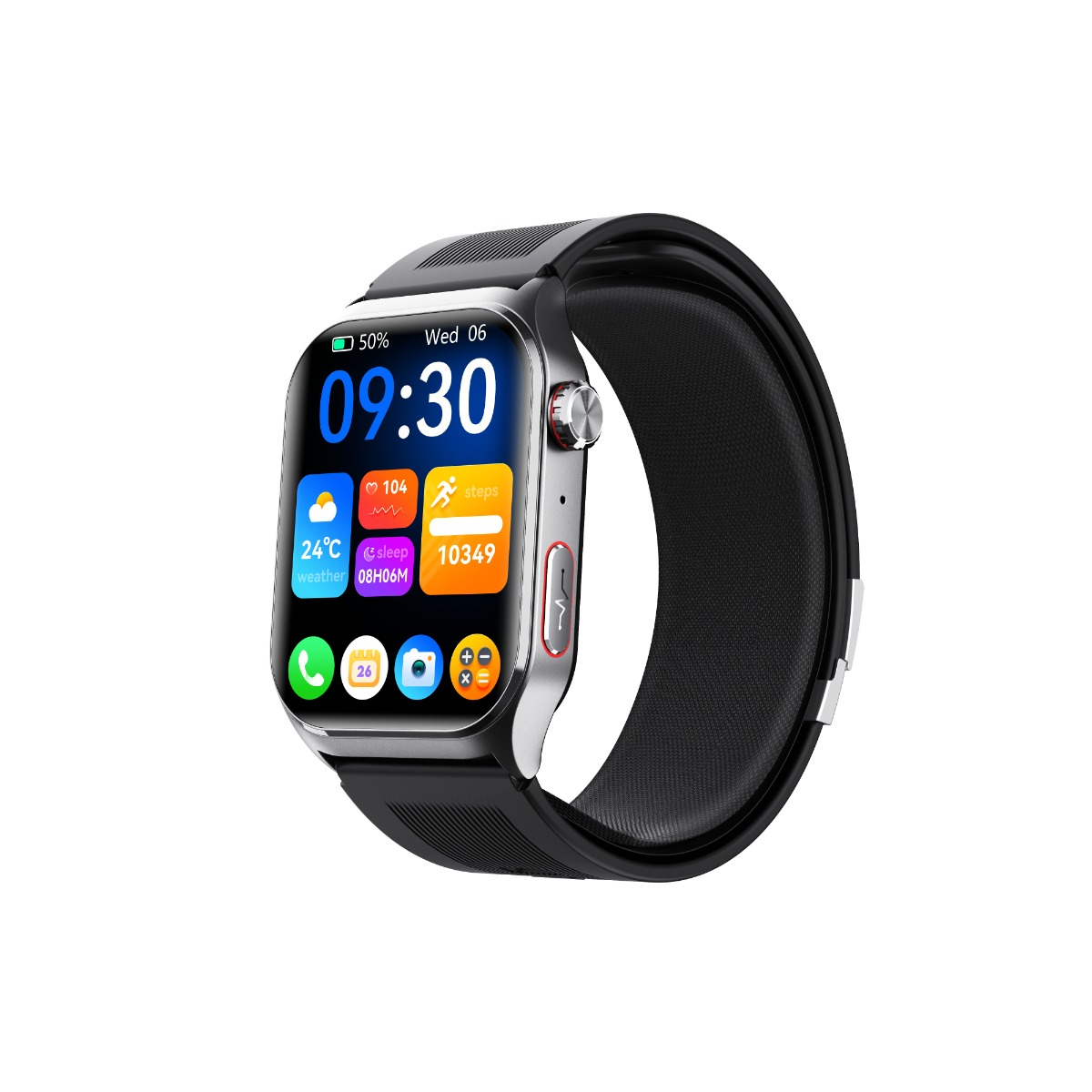 Smartwatch wyświetla 09:30, 50% baterii, Śr 06, kroki, pogodę i dane snu.