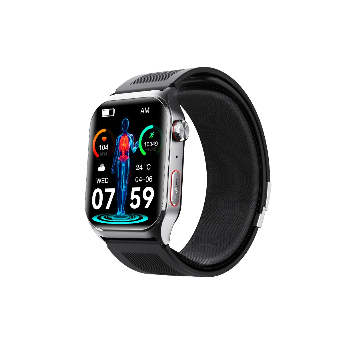 Smartwatch z czarnym paskiem pokazuje czas, tętno, kroki, skan ciała.