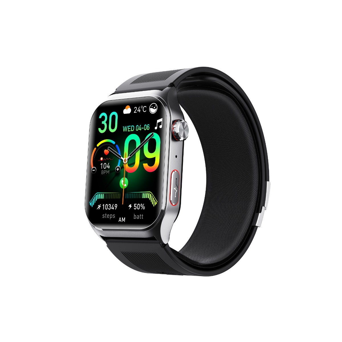 Srebrny smartwatch z czarnym paskiem pokazuje 24°C, 30 dni, 104 BPM i 10349 kroków.