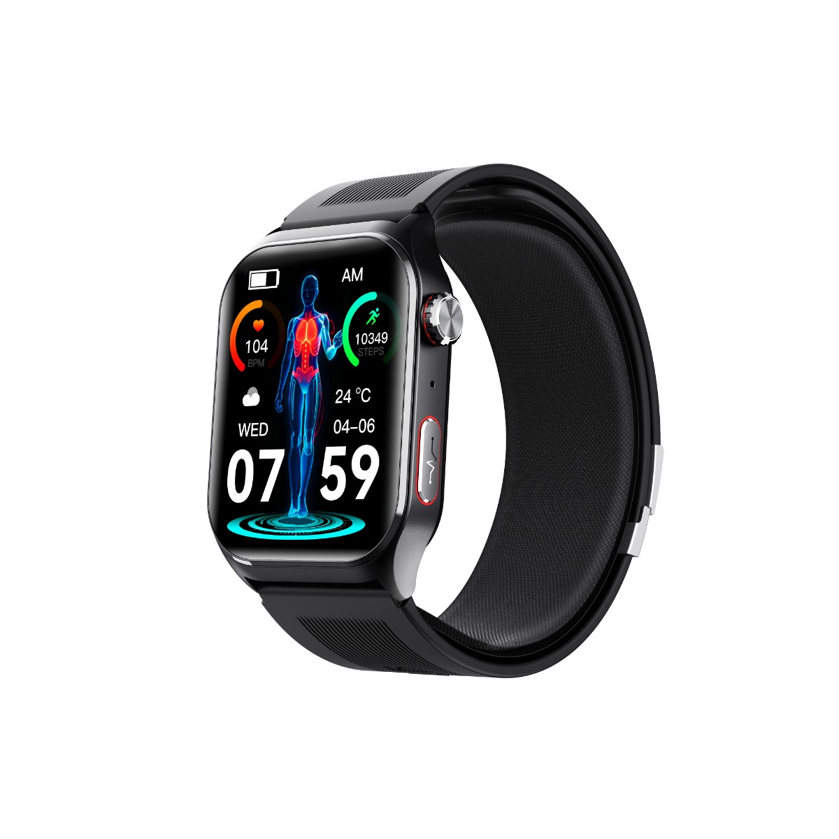 Czarny smartwatch wyświetla godzinę, tętno, kroki i temperaturę.