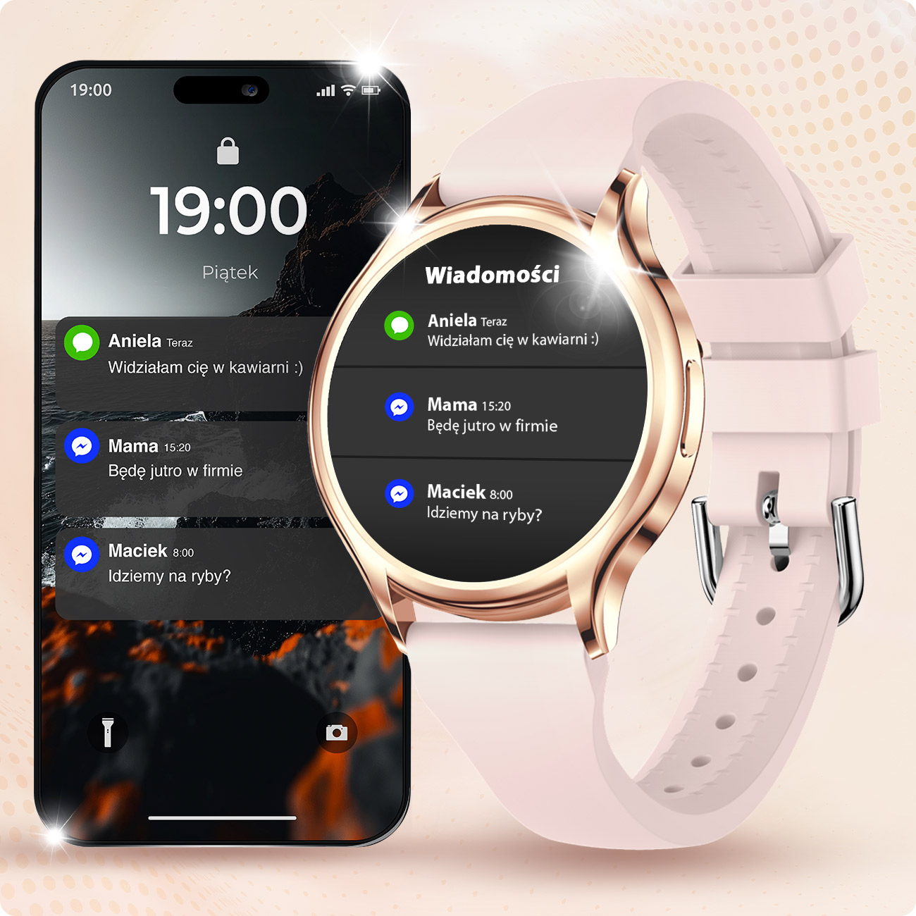 Smartwatch i smartfon wyświetlają powiadomienia. Zegarek jest różowy, telefon czarny.