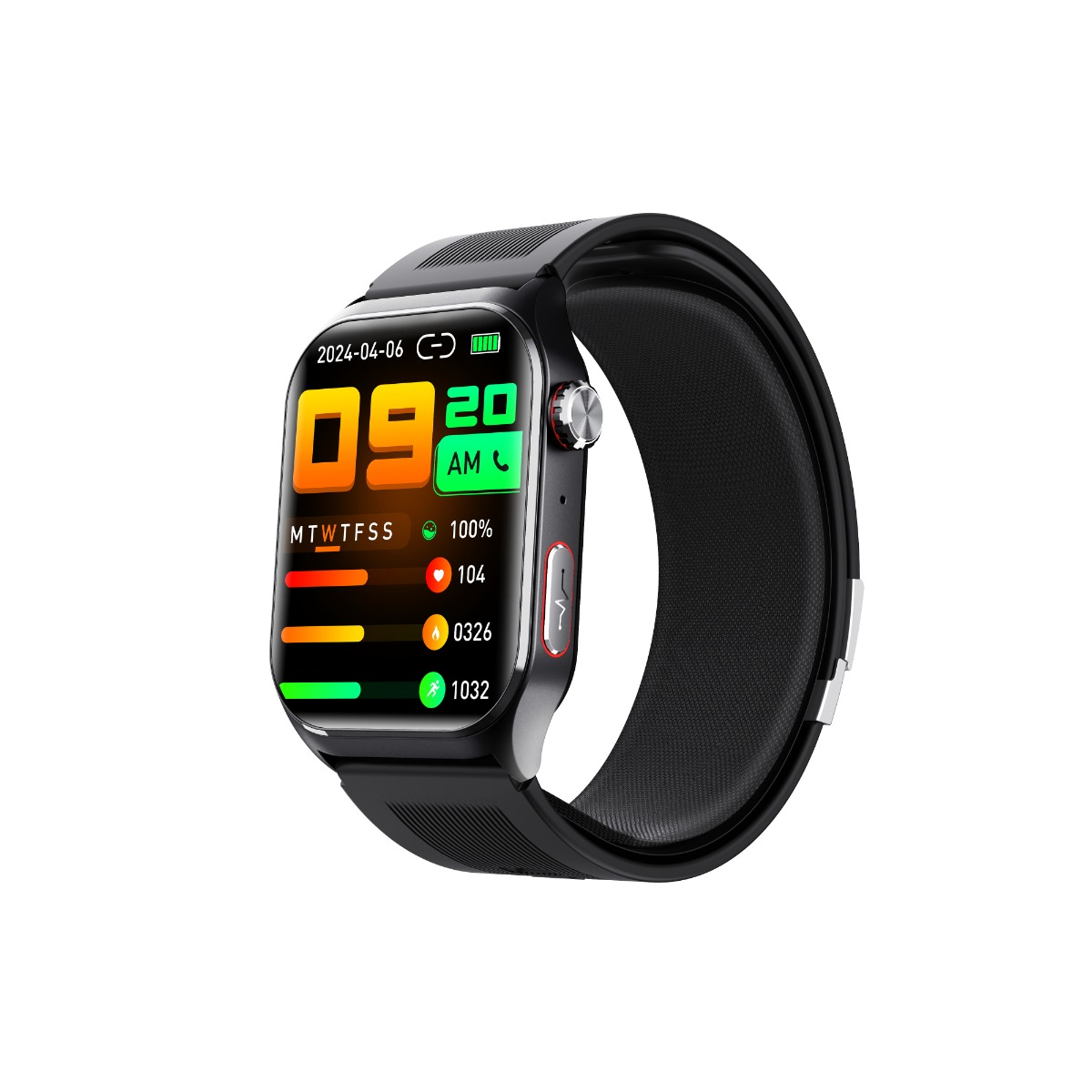 Czarny smartwatch wyświetla godzinę 09:20 AM, datę 06-04-2024 i statystyki zdrowia.