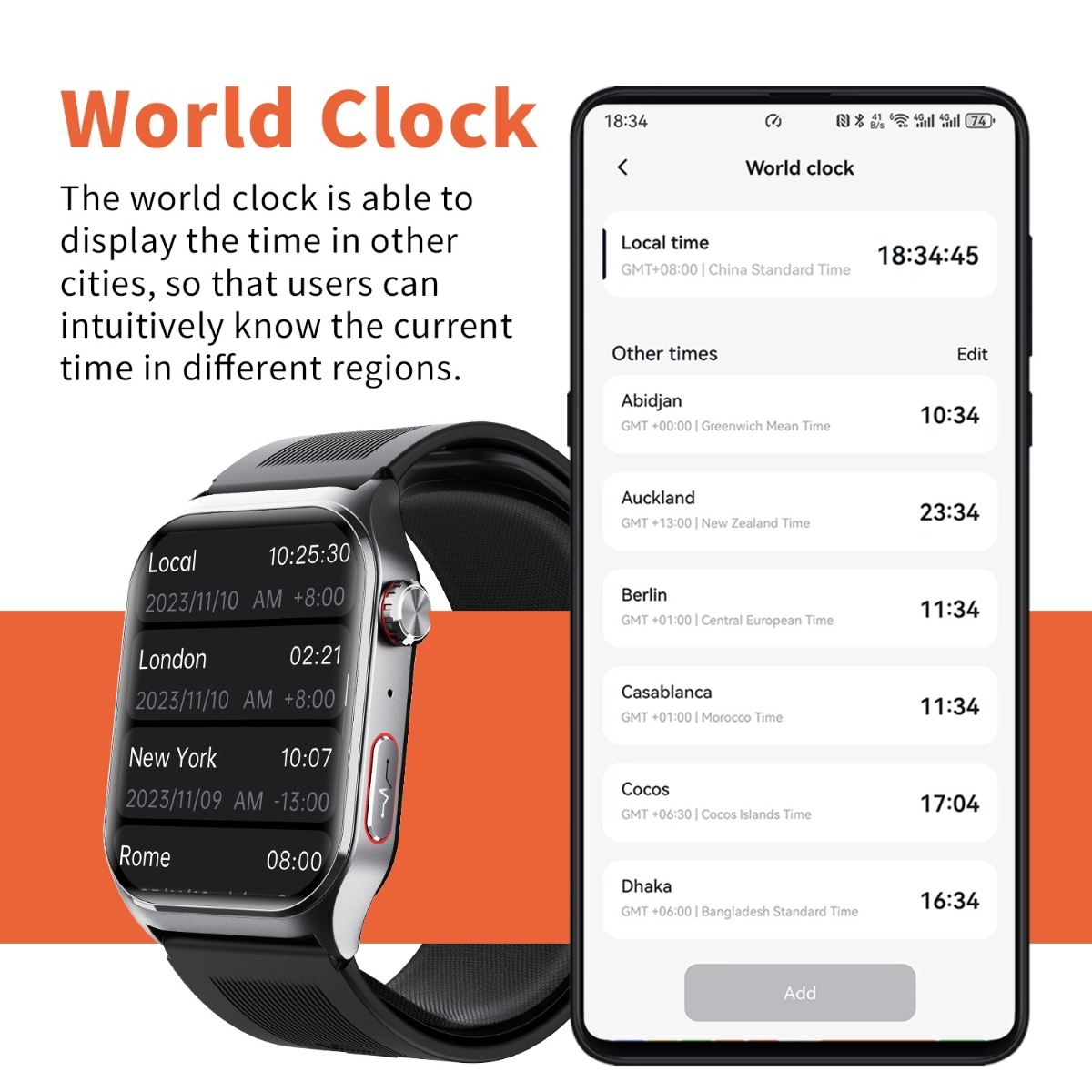 Smartwatch i smartfon wyświetlają aplikację zegara światowego pokazującą różne strefy czasowe i godziny.