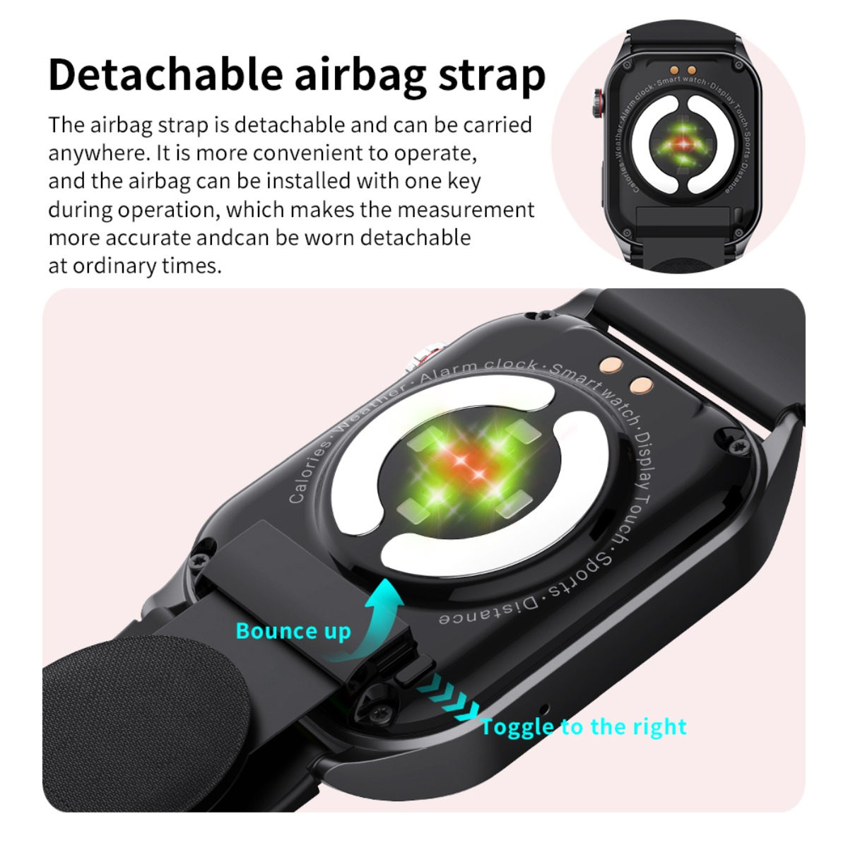 Czarny pasek smartwatch z czujnikami i strzałkami wskazującymi akcje.