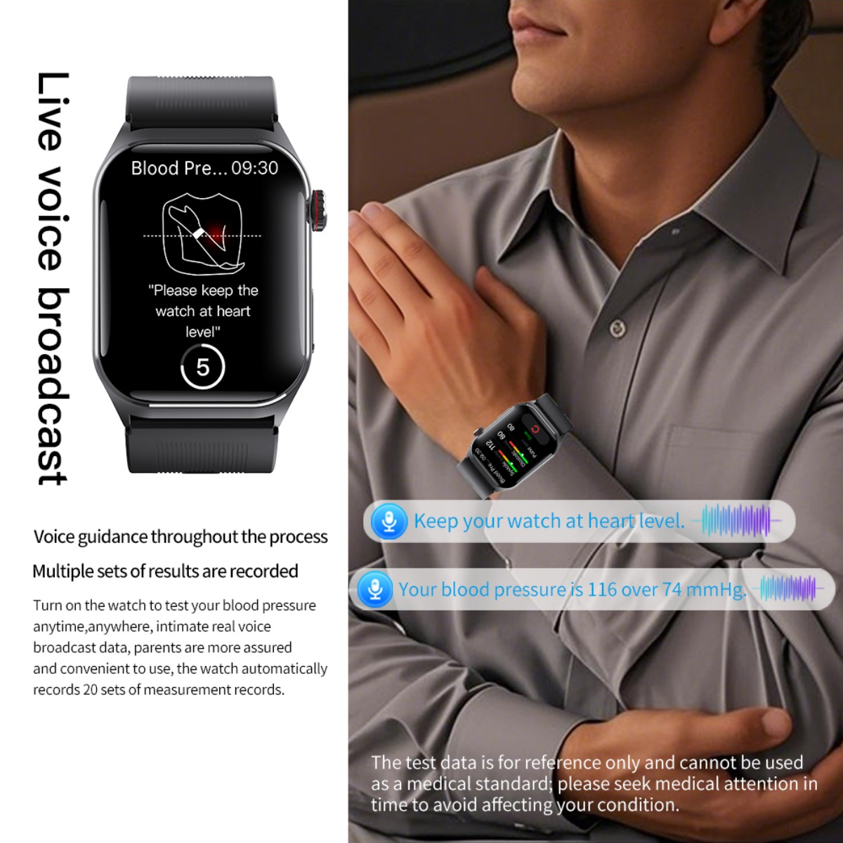 Smartwatch wyświetla odczyt ciśnienia krwi. Mężczyzna nosi smartwatch.
