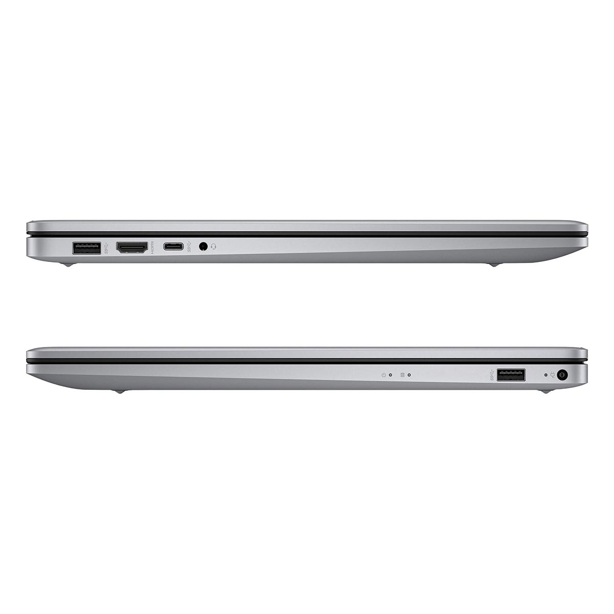 Srebrny laptop pokazujący porty: USB, HDMI, gniazdo słuchawkowe.