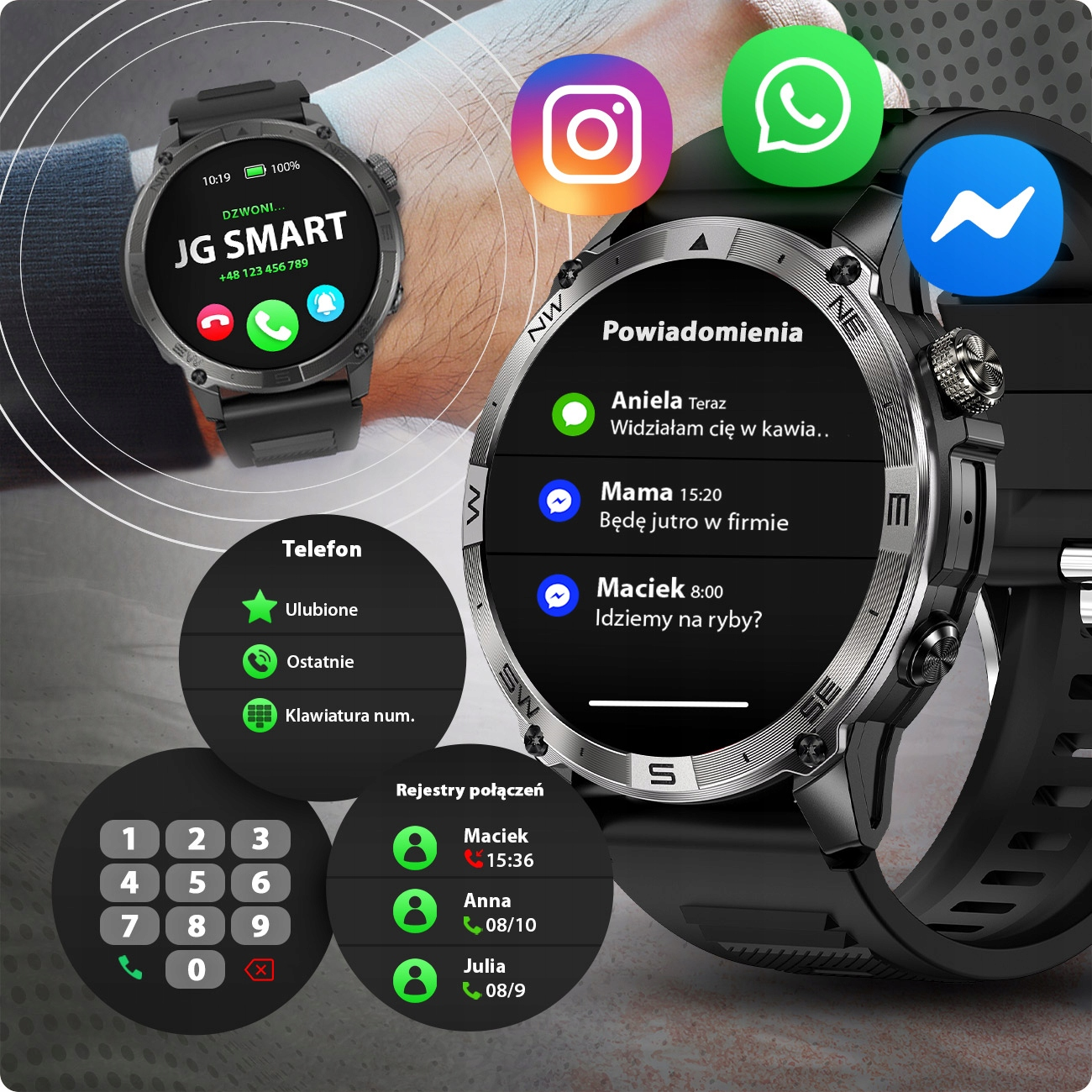 Zegarek inteligentny wyświetla powiadomienia i połączenia, z ikonami Instagram, WhatsApp i Facebook.