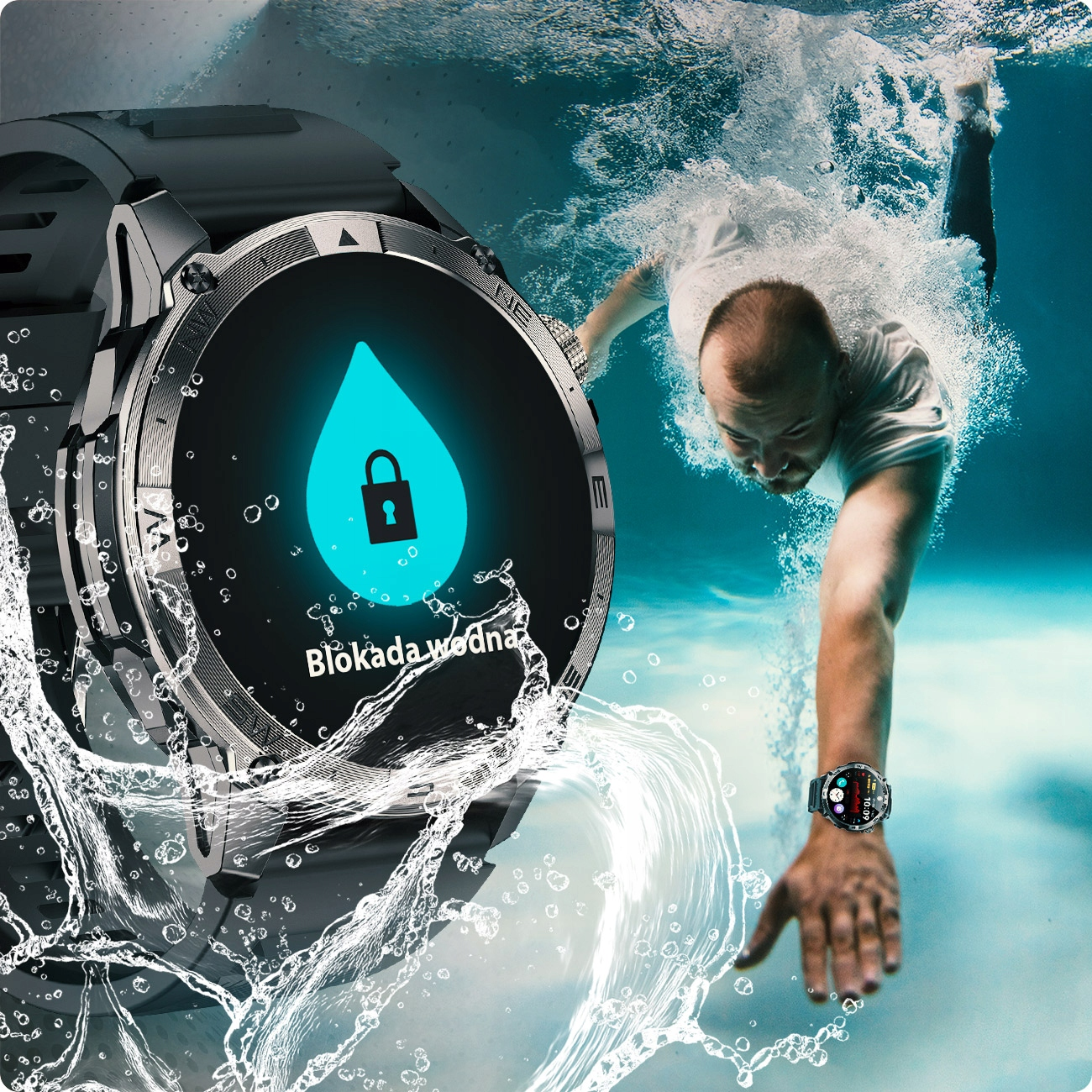 Mężczyzna pływa pod wodą, pokazano smartwatch z ikoną kropli wody.