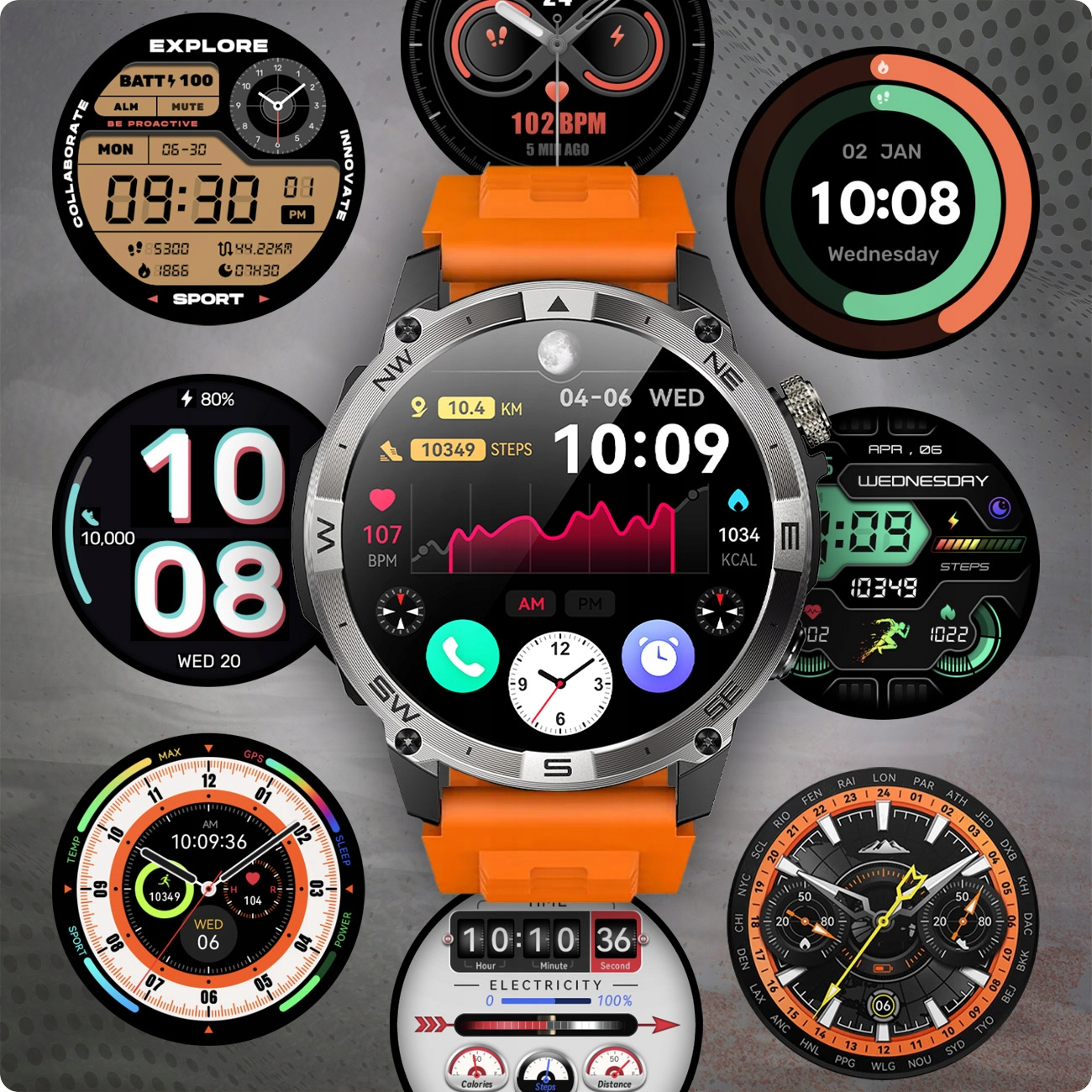 Kolaż tarcz smartwatch pokazujący różne wyświetlacze, takie jak godzina, data i tętno.