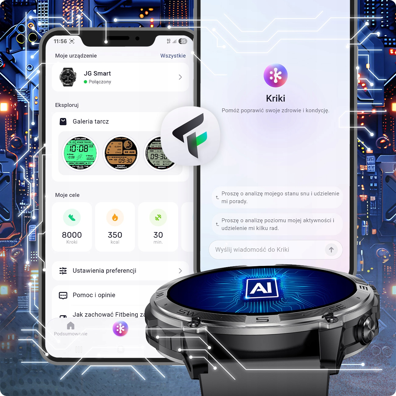 Smartwatch z asystentem AI i aplikacją na telefon pokazujący dane zdrowotne.