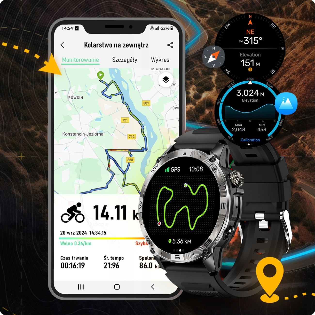 Smartfon pokazuje mapę rowerową, smartwatch dane o wysokości i dystansie.