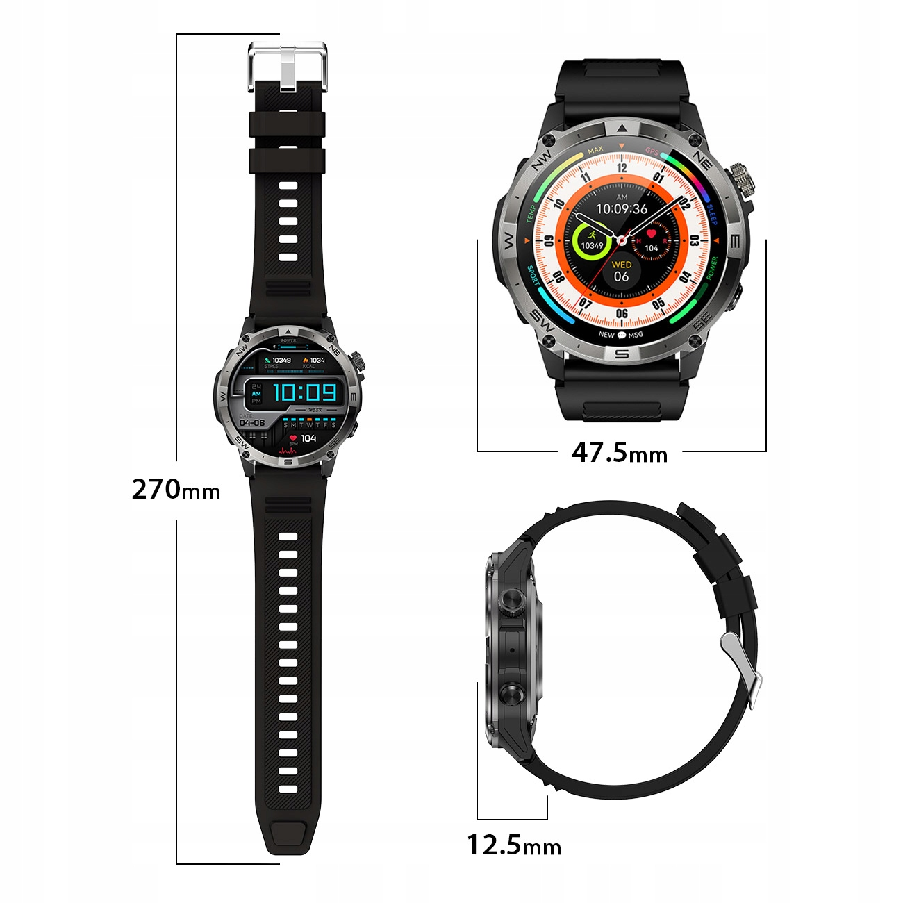 Czarny smartwatch z czarnym paskiem, długość 270mm, szerokość 47.5mm, grubość 12.5mm.