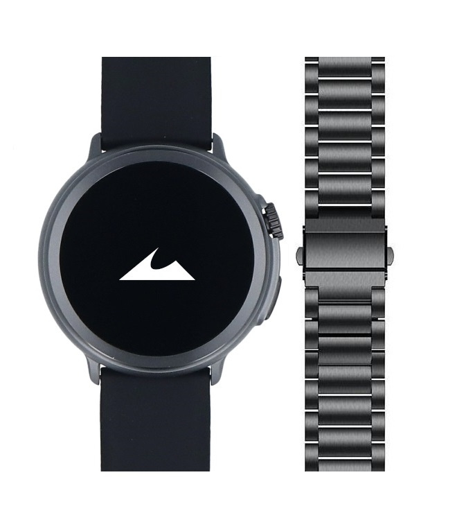 Czarny smartwatch z białym logo na ciemnym ekranie i metalową bransoletą.