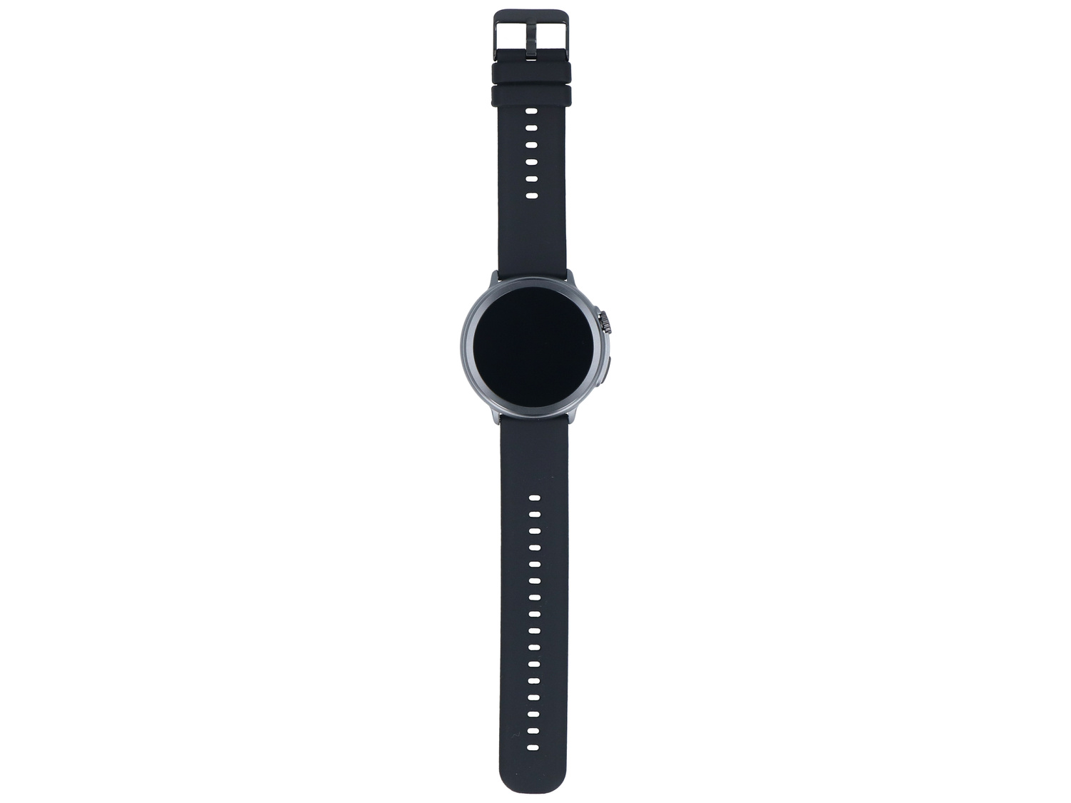 Czarny smartwatch z okrągłą tarczą i czarnym paskiem.