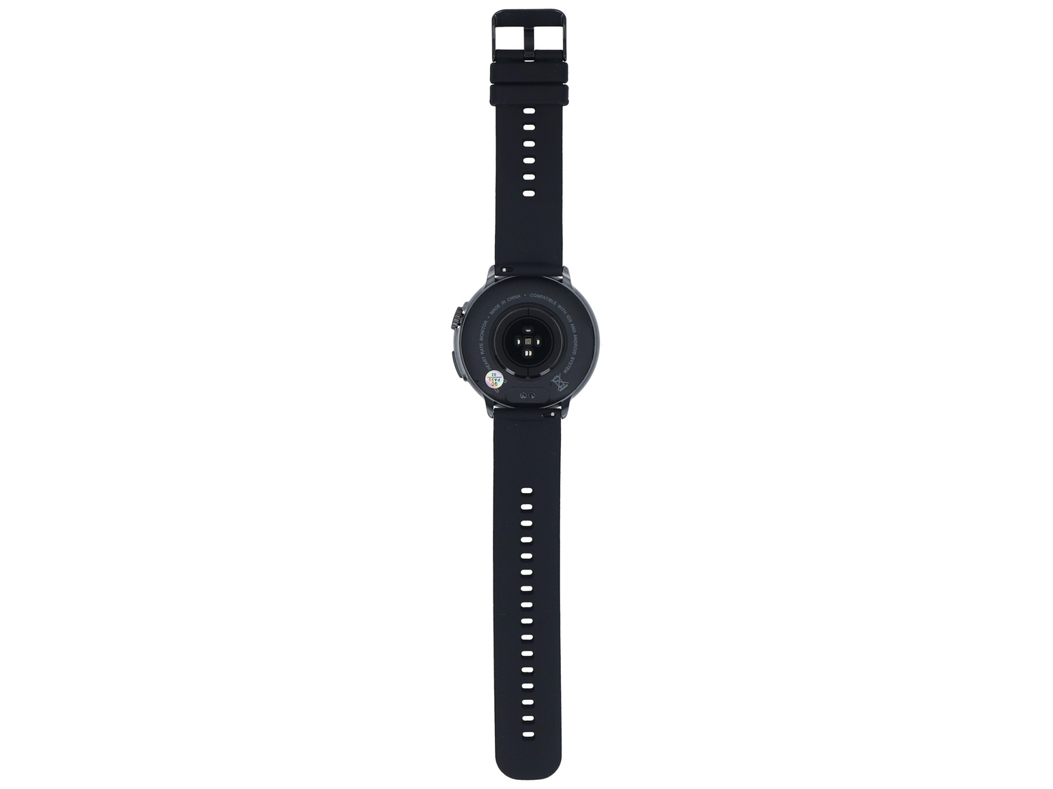 Czarny smartwatch z paskiem, leżący na białym tle.