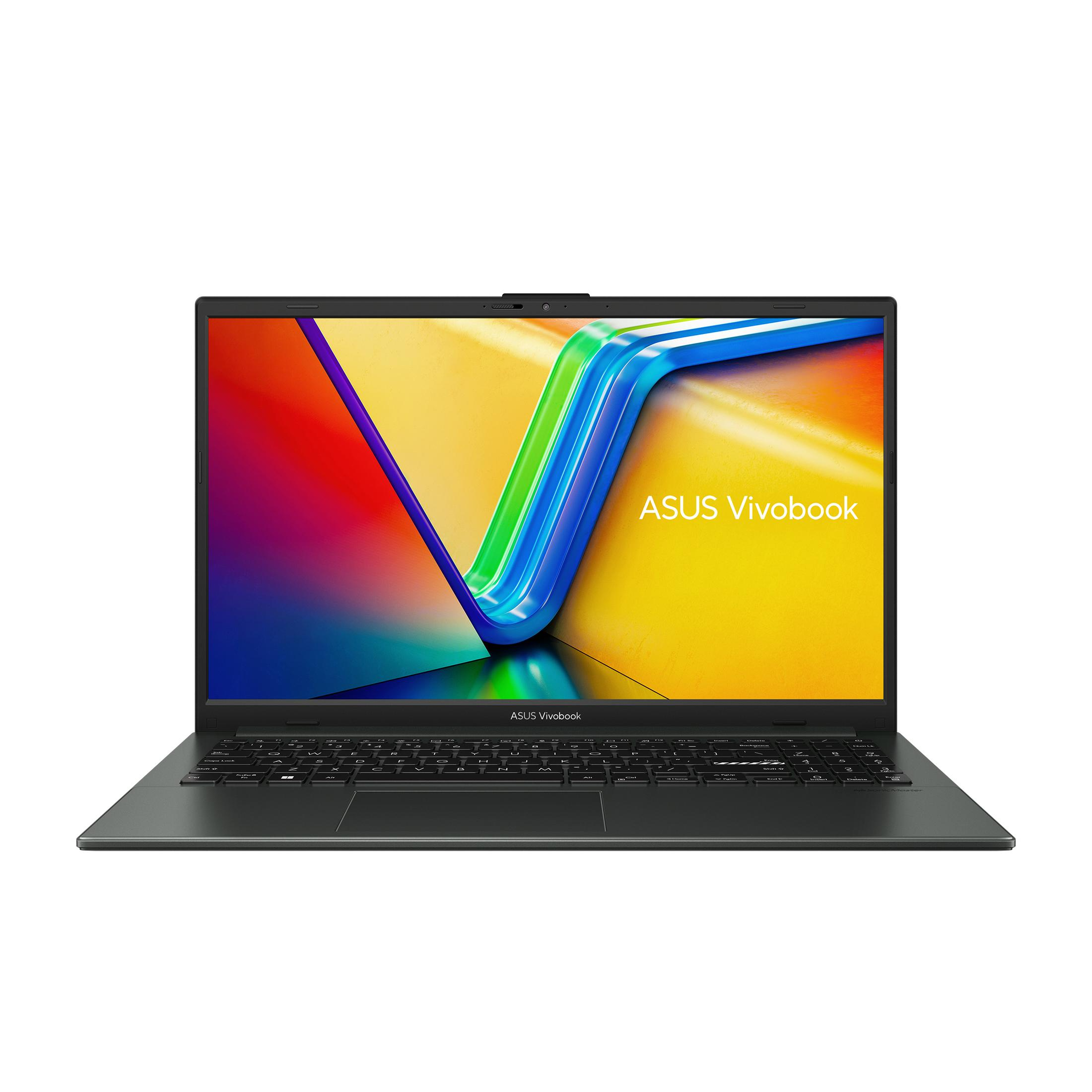 Dunkelgrüner ASUS Vivobook Laptop mit Tastatur und farbigem Hintergrundbild.